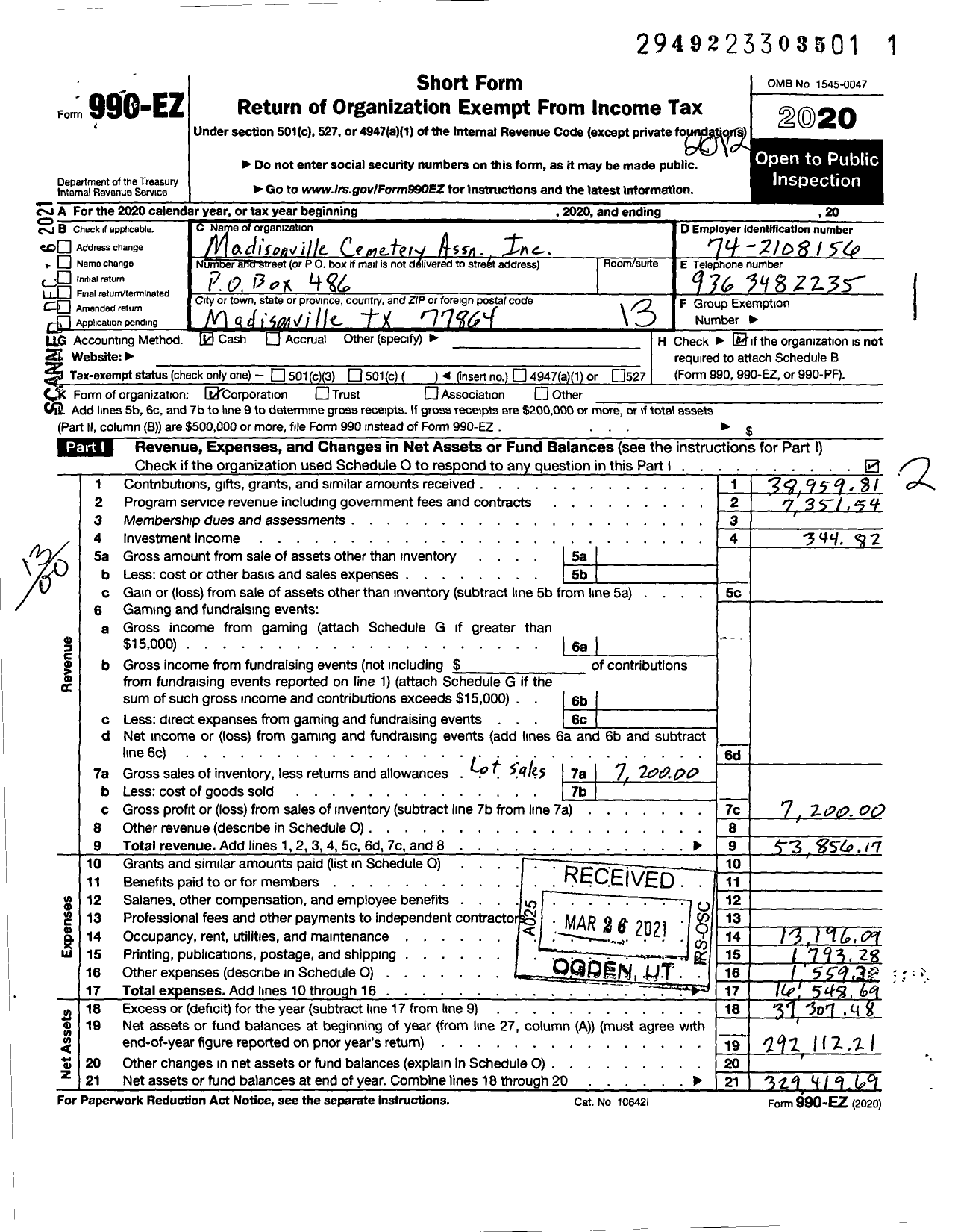 Image of first page of 2020 Form 990EO for Madisonville Cemetery Association