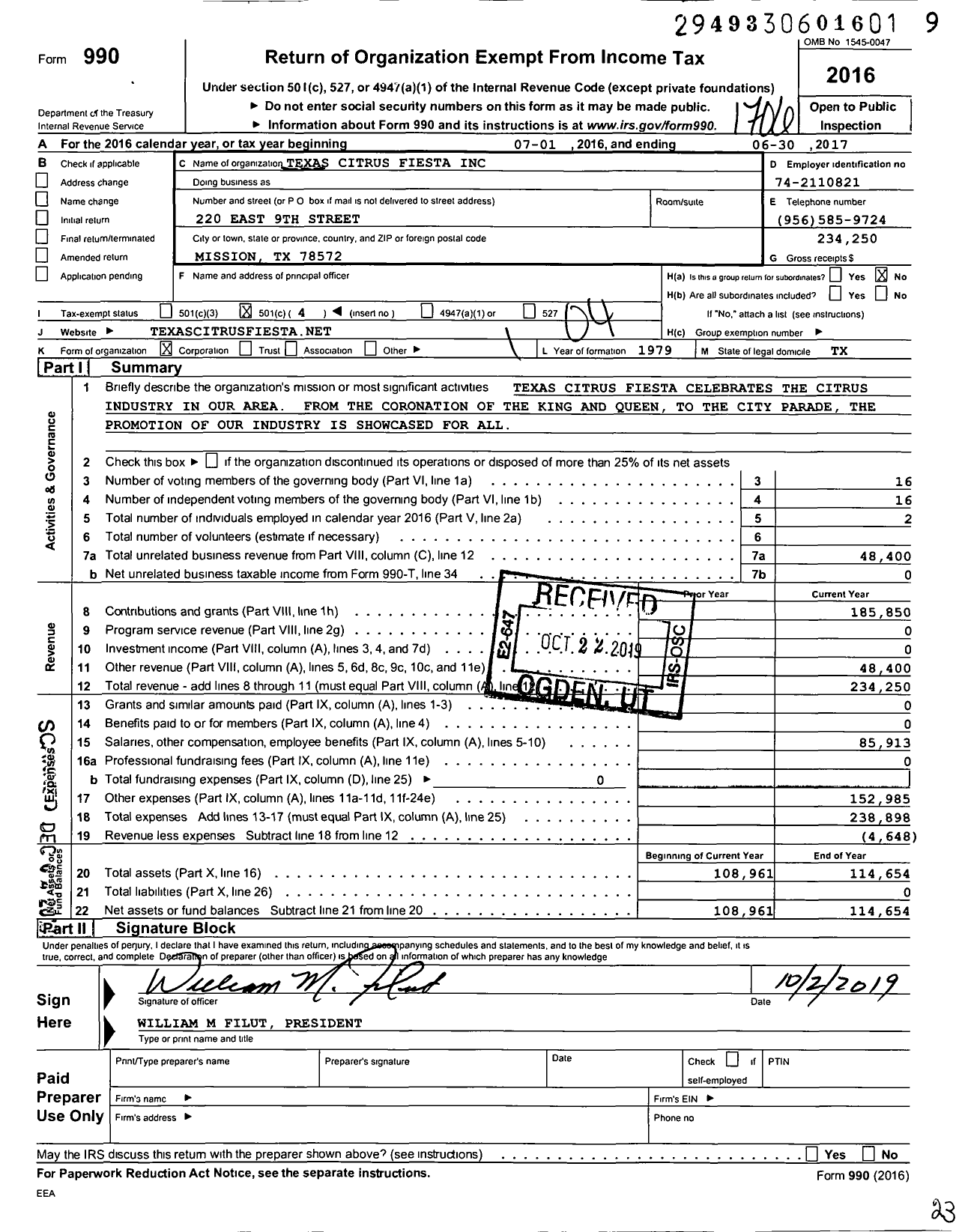 Image of first page of 2016 Form 990O for Texas Citrus Fiesta