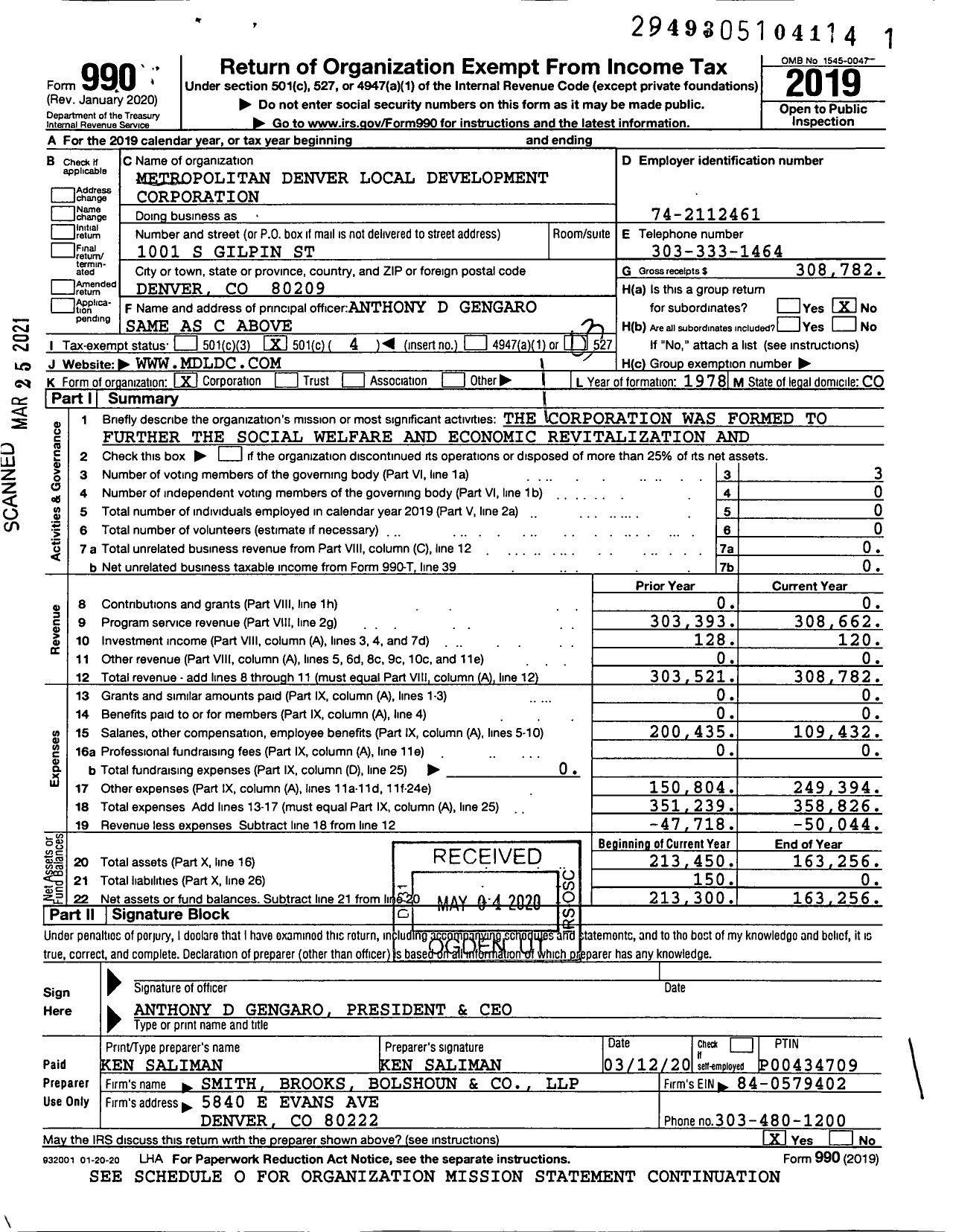 Image of first page of 2019 Form 990 for Metropolitan Denver Local Development Corporation