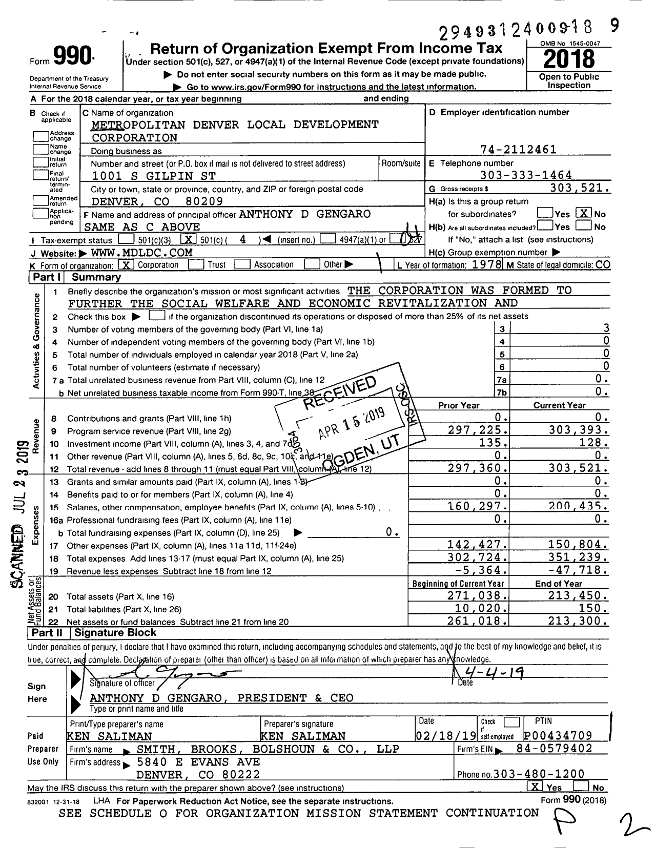 Image of first page of 2018 Form 990O for Metropolitan Denver Local Development Corporation