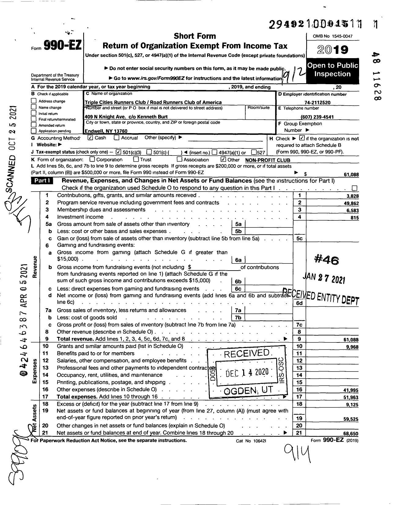 Image of first page of 2019 Form 990EZ for Triple Cities Runners Club Road Runners Club of America