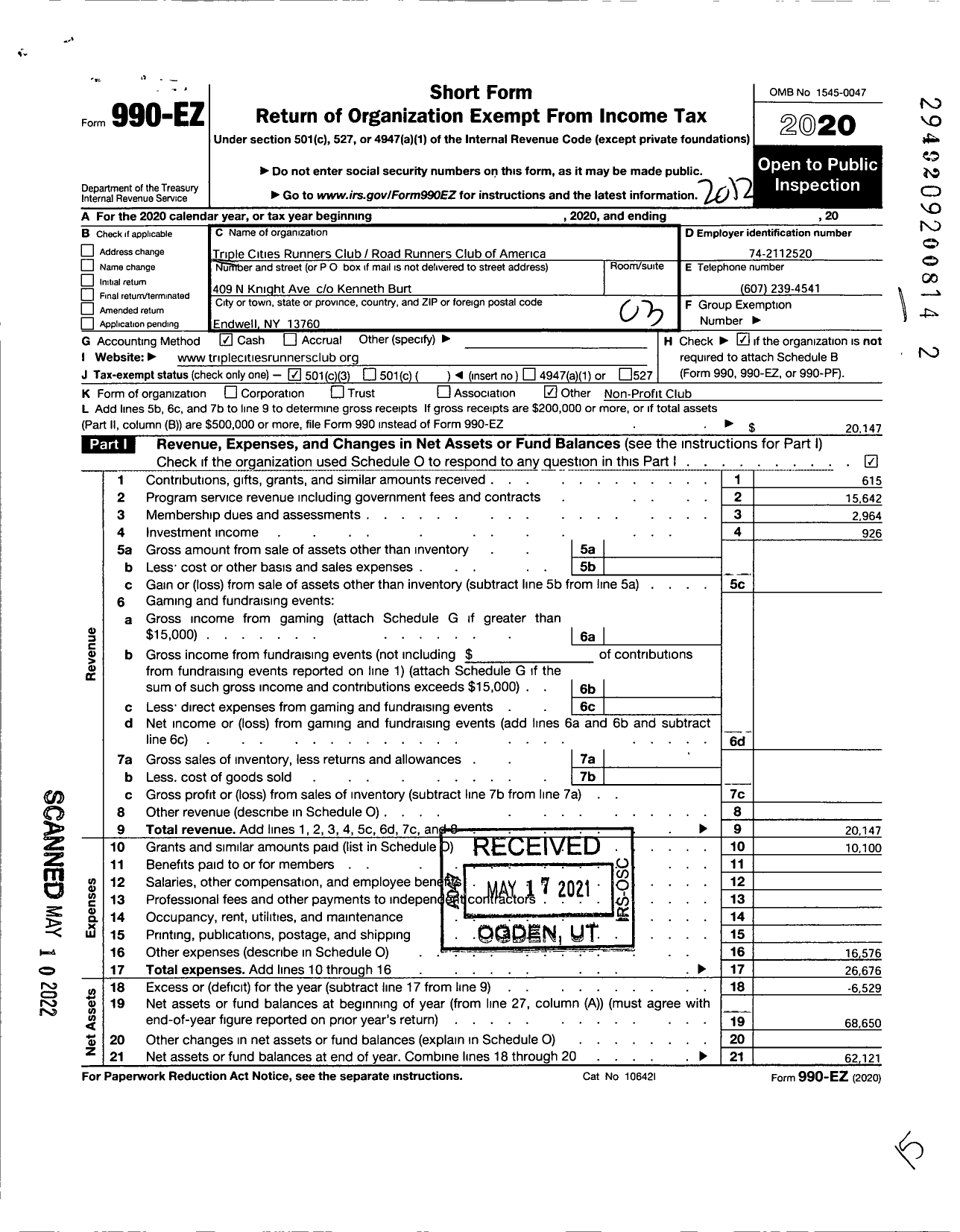 Image of first page of 2020 Form 990EZ for Triple Cities Runners Club Road Runners Club of America