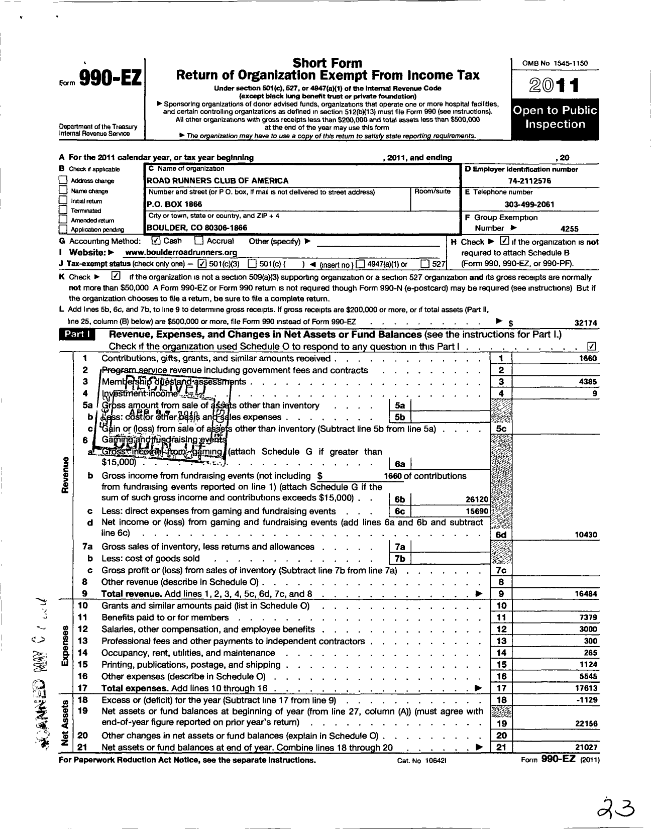 Image of first page of 2011 Form 990EZ for Road Runners Club of America