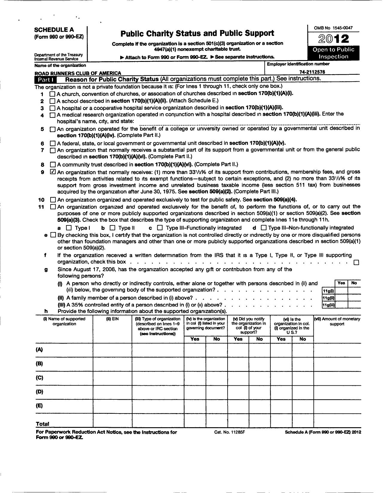 Image of first page of 2012 Form 990EZ for Road Runners Club of America