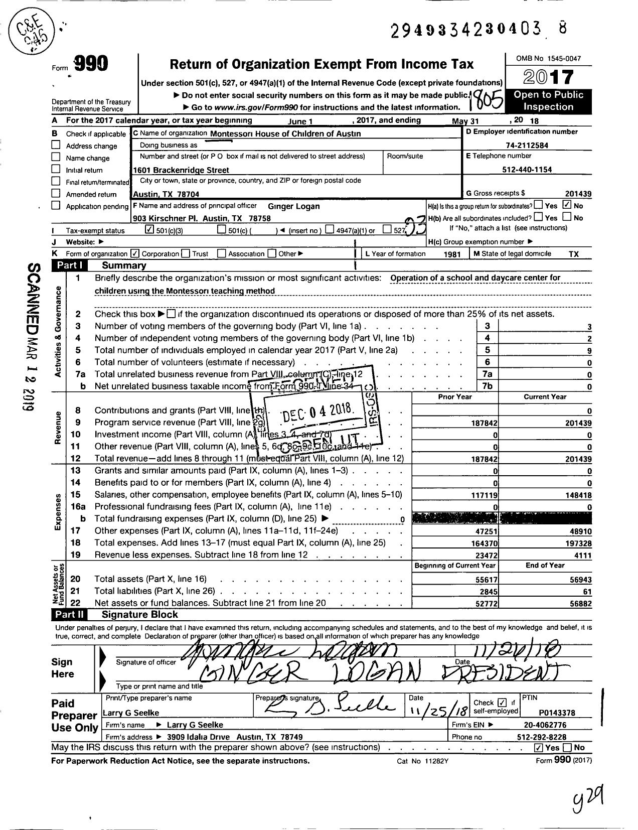 Image of first page of 2017 Form 990 for Montessori House of Children of Austin