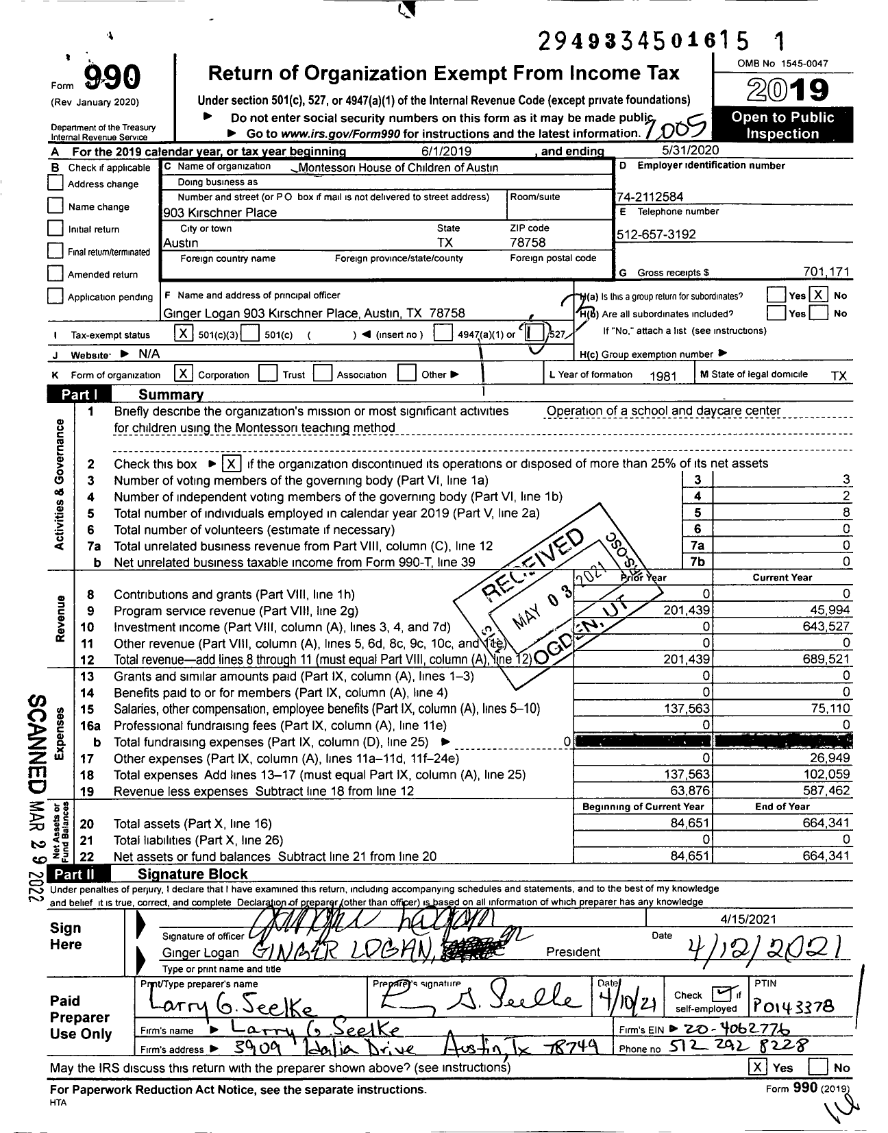 Image of first page of 2019 Form 990 for Montessori House of Children of Austin