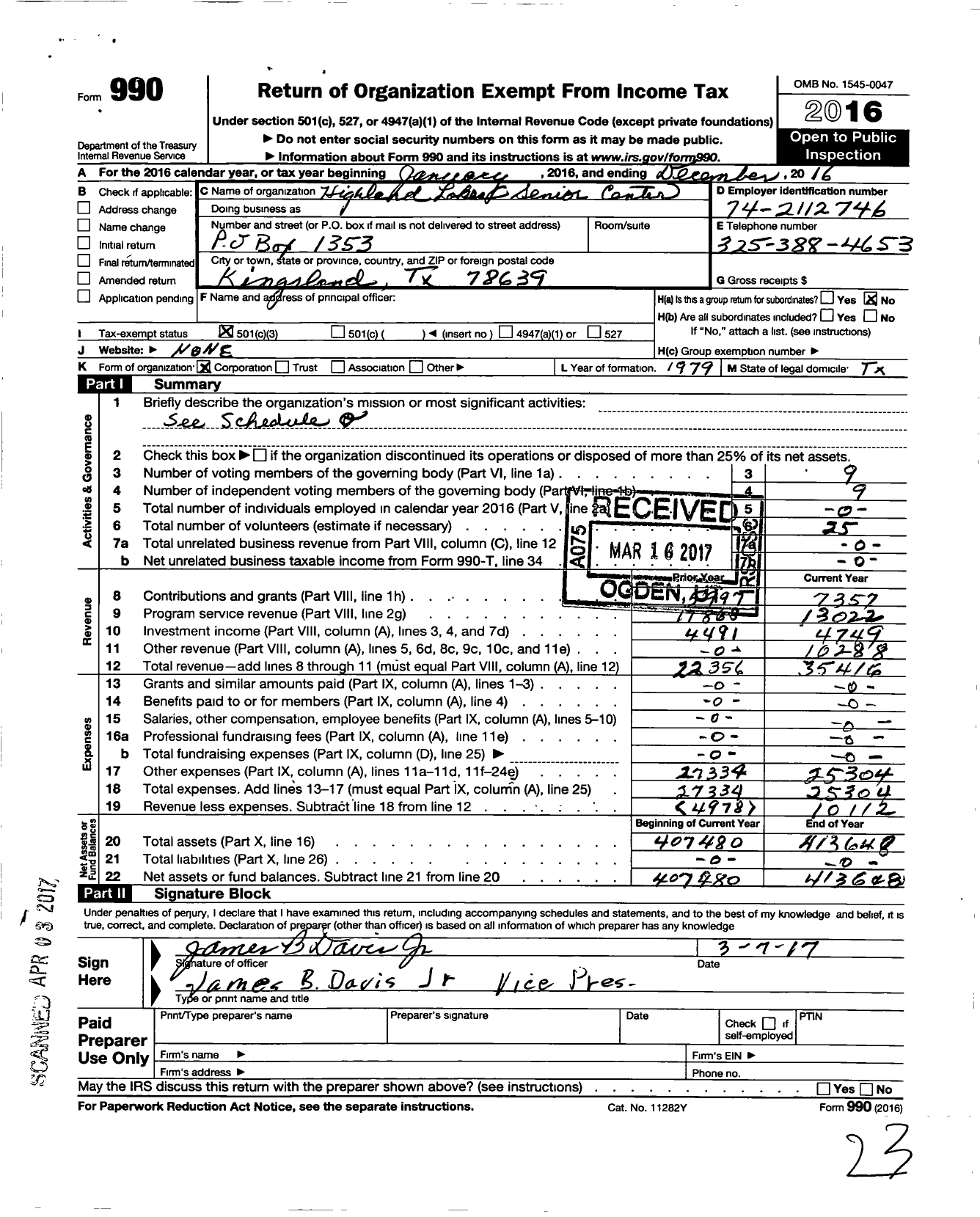 Image of first page of 2016 Form 990 for Highland Lakes Senior Center Incorporated