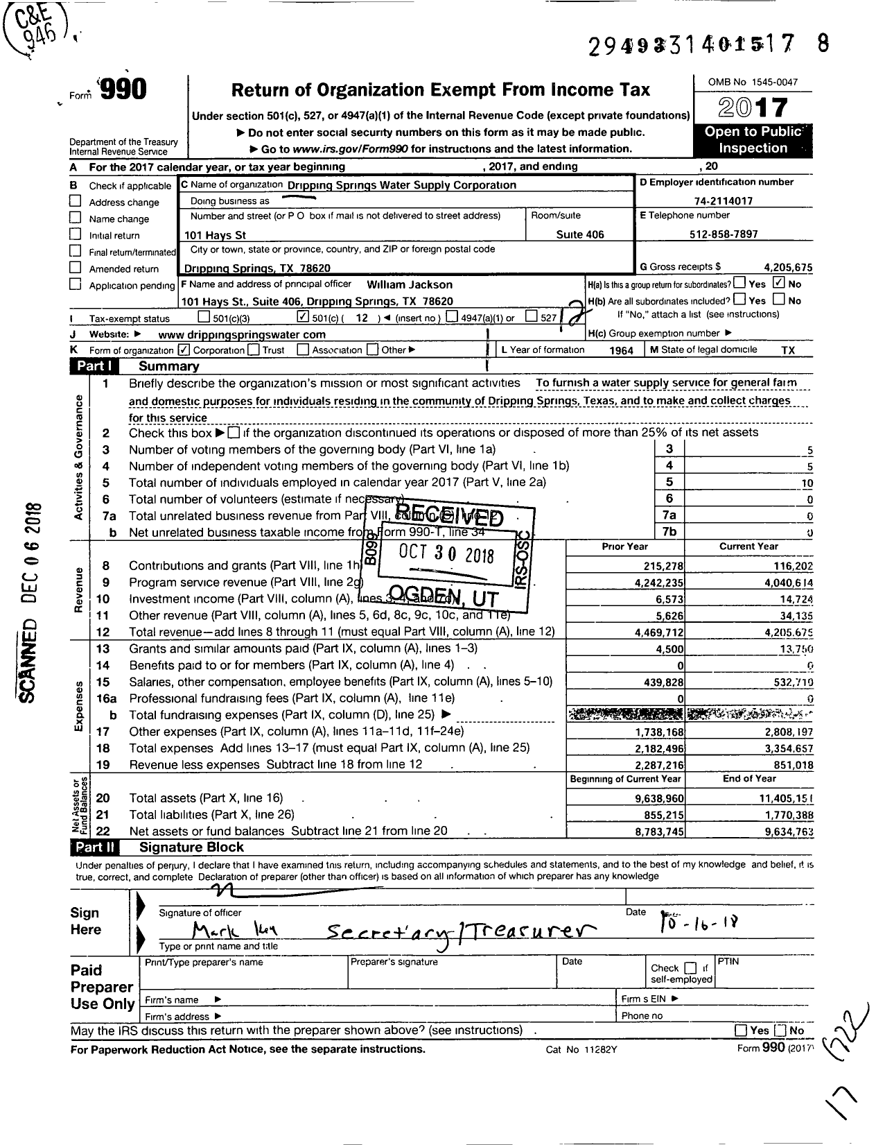 Image of first page of 2017 Form 990O for Dripping Springs Water Supply Corporation