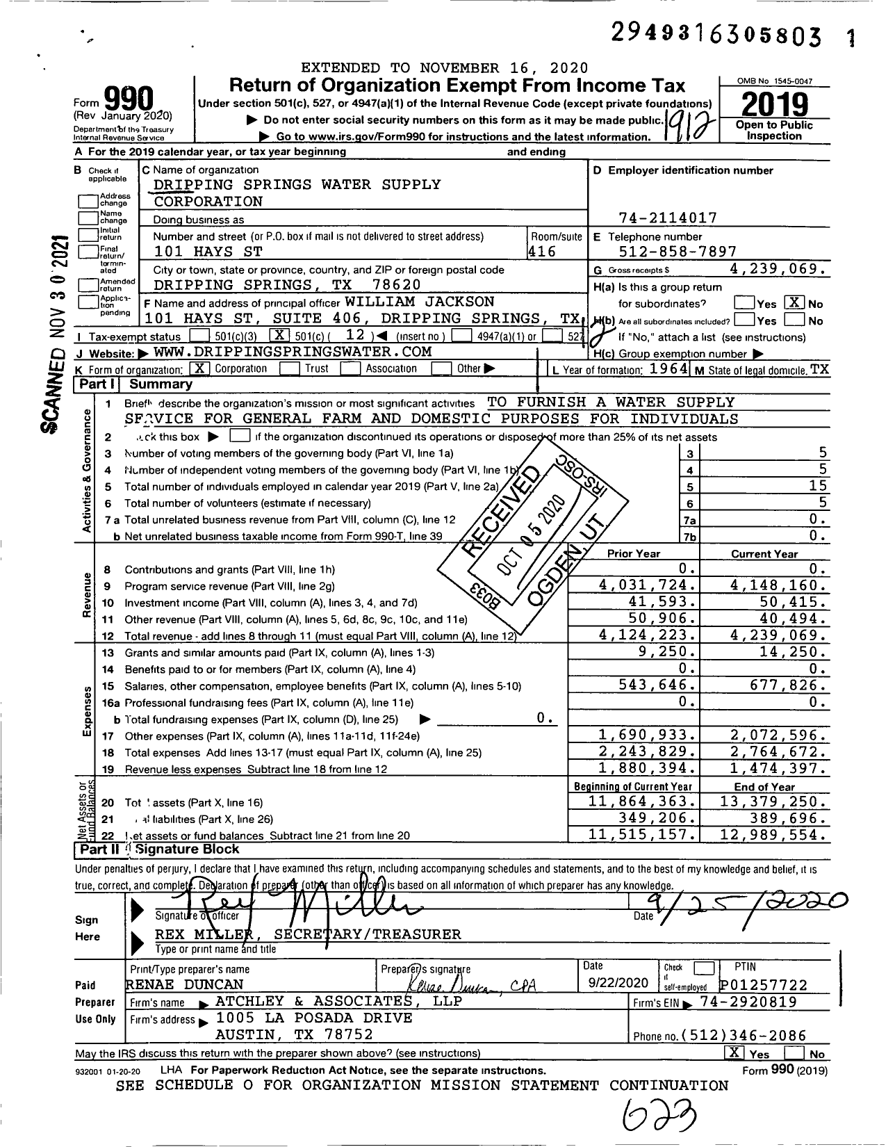 Image of first page of 2019 Form 990O for Dripping Springs Water Supply Corporation