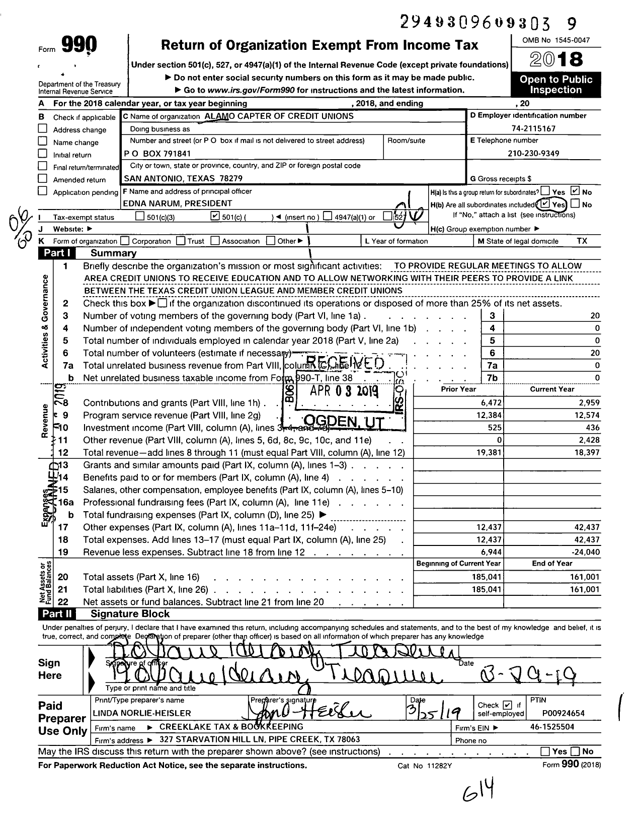 Image of first page of 2018 Form 990O for Alamo Chapter of Credit Unions