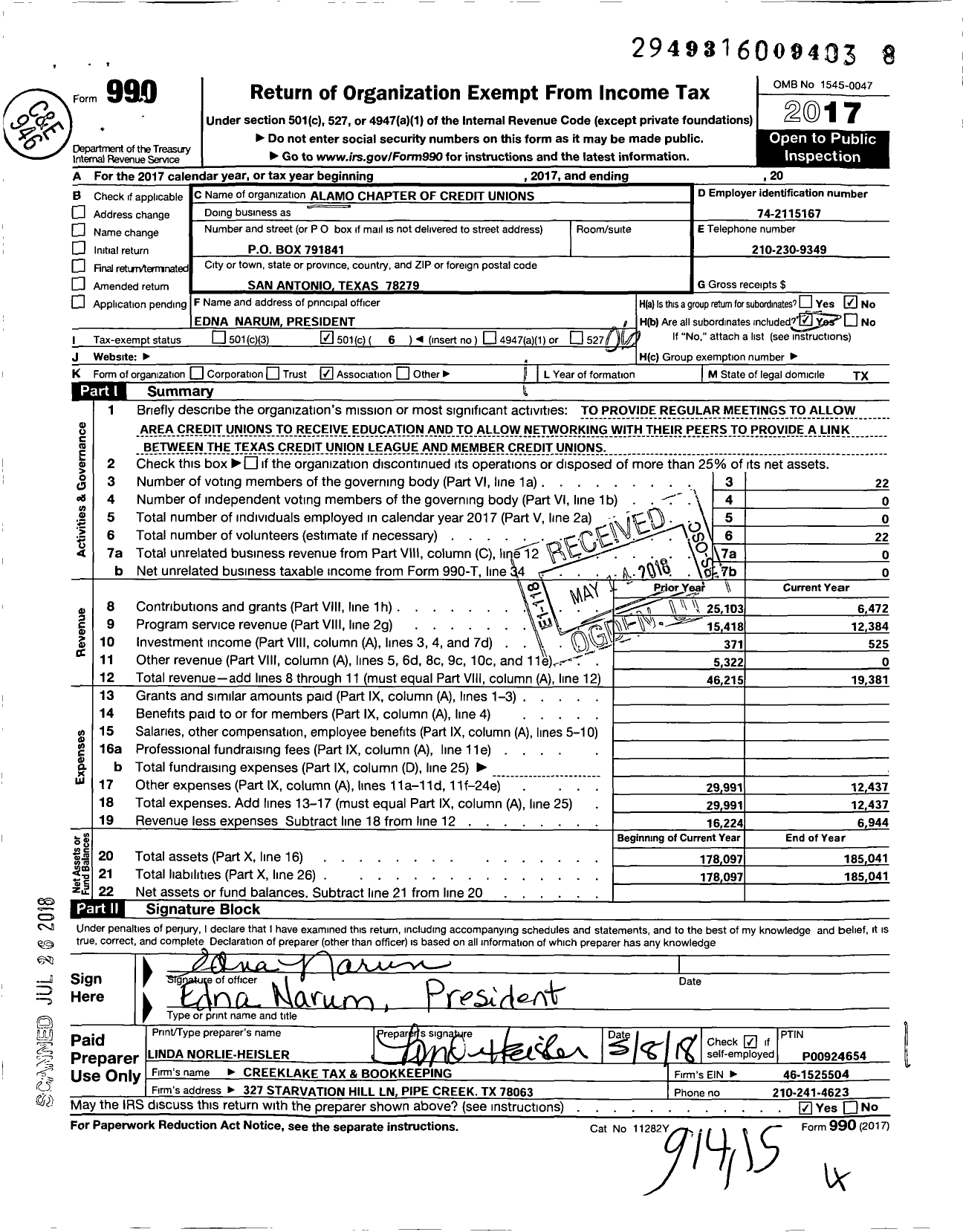 Image of first page of 2017 Form 990O for Alamo Chapter of Credit Unions