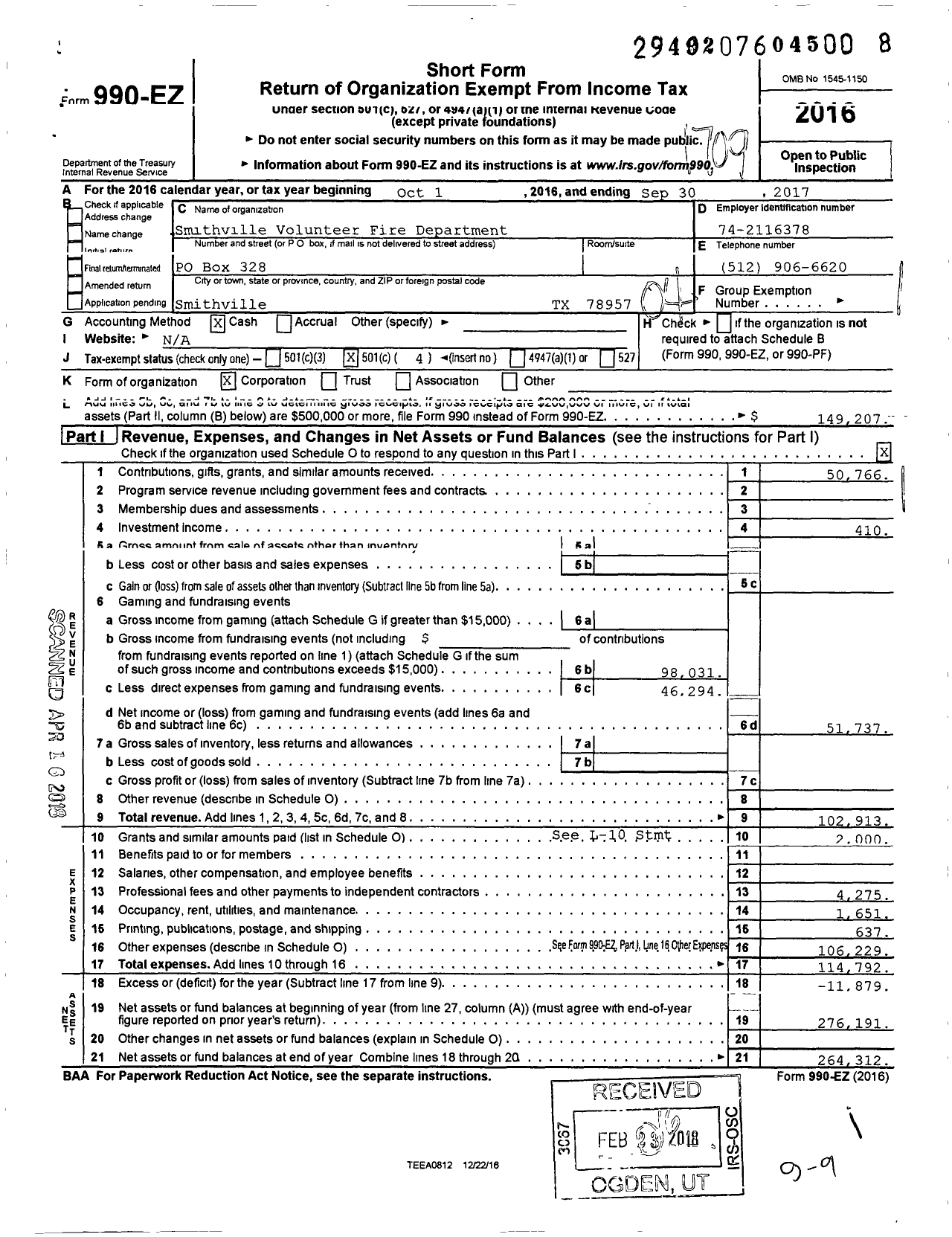 Image of first page of 2016 Form 990EO for Smithville Volunteer Fire Department