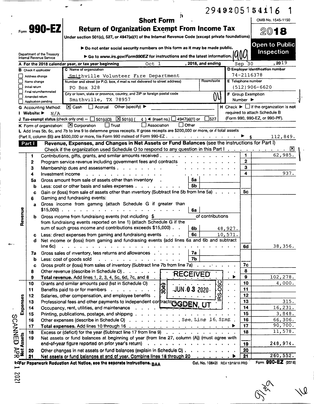 Image of first page of 2018 Form 990EO for Smithville Volunteer Fire Department