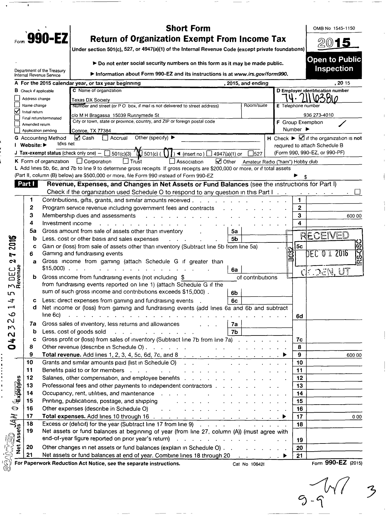 Image of first page of 2015 Form 990EO for Texas DX Society