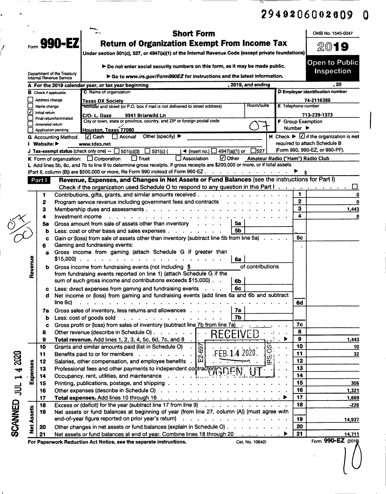 Image of first page of 2019 Form 990EO for Texas DX Society