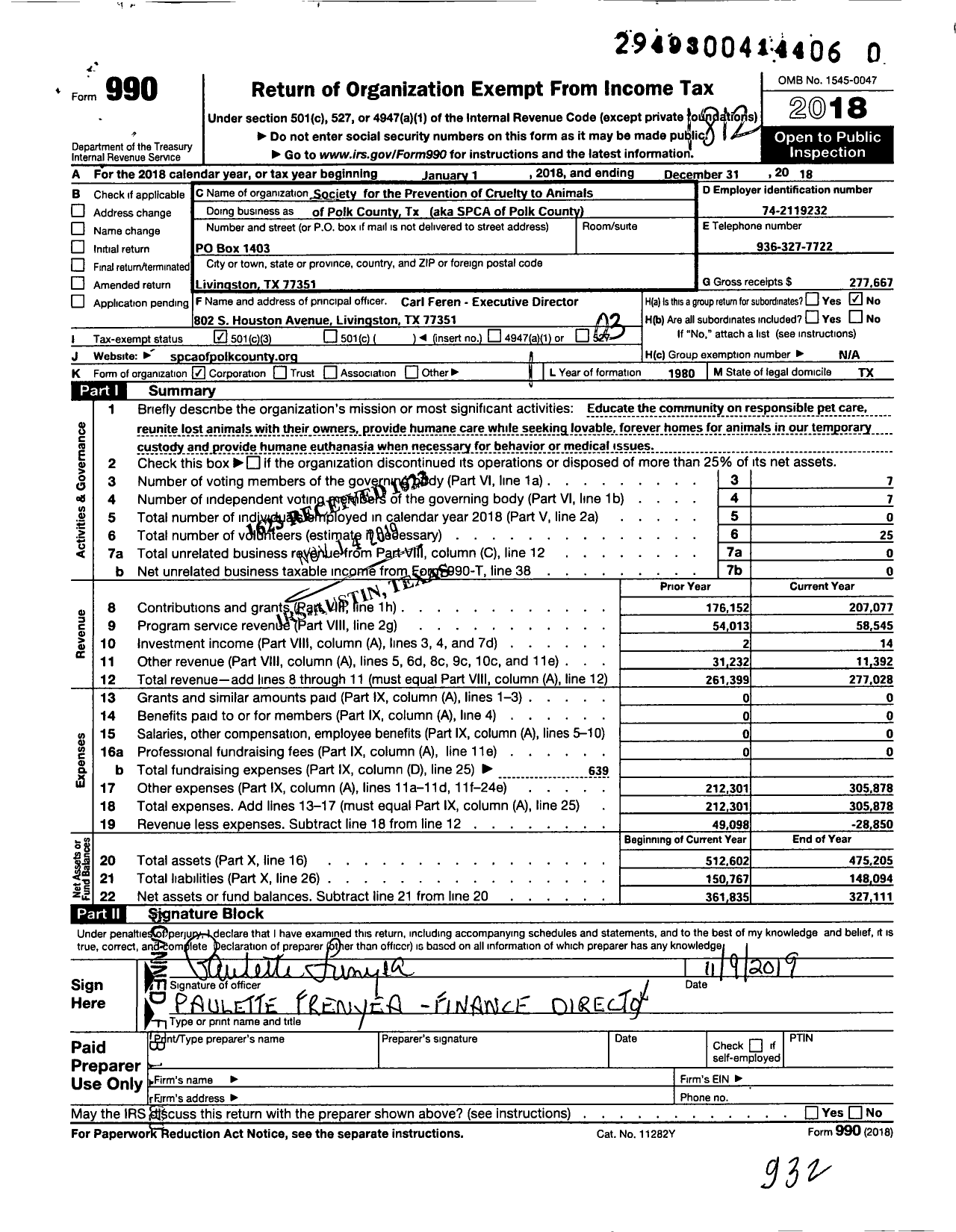 Image of first page of 2018 Form 990 for Spca of Polk County