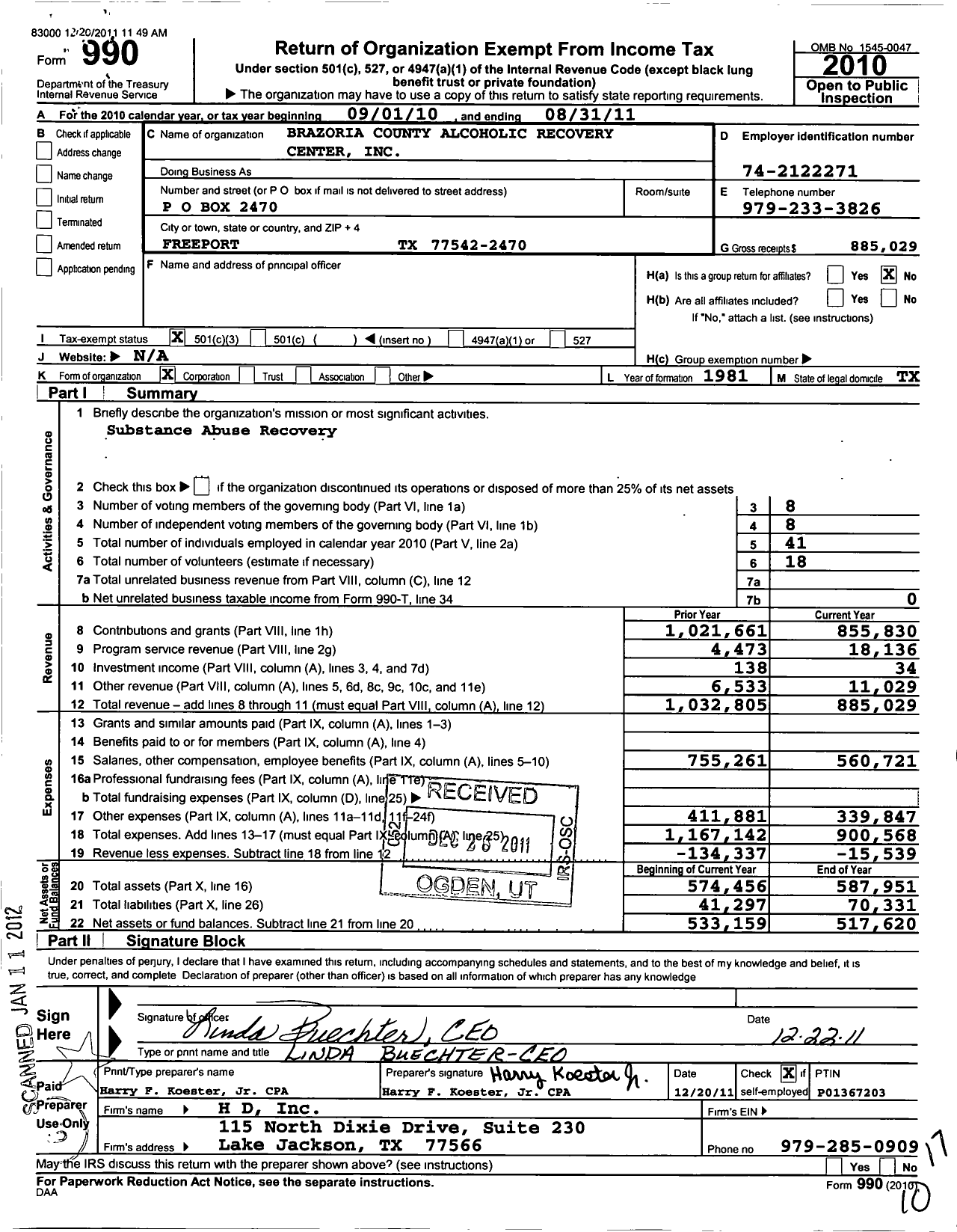Image of first page of 2010 Form 990 for Brazoria County Alcoholic Recovery Center