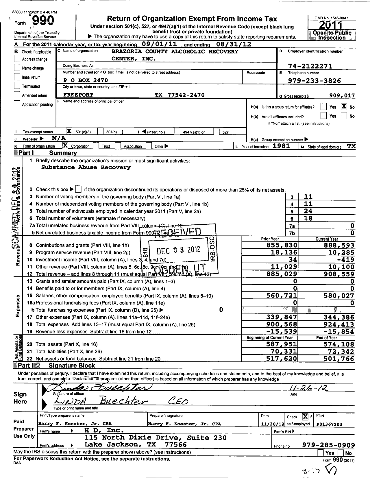 Image of first page of 2011 Form 990 for Brazoria County Alcoholic Recovery Center