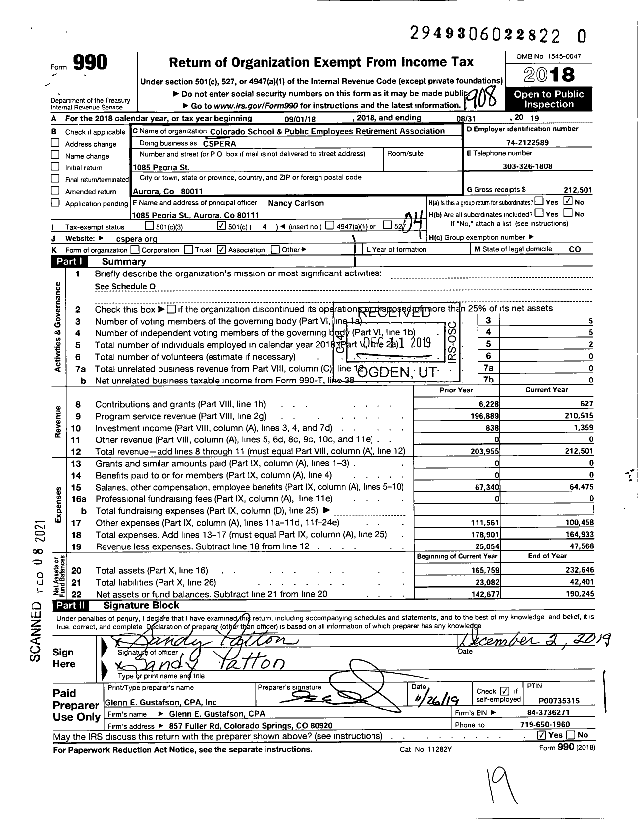 Image of first page of 2018 Form 990O for Colorado School and Public Employees Retirement Association (CSPERA)