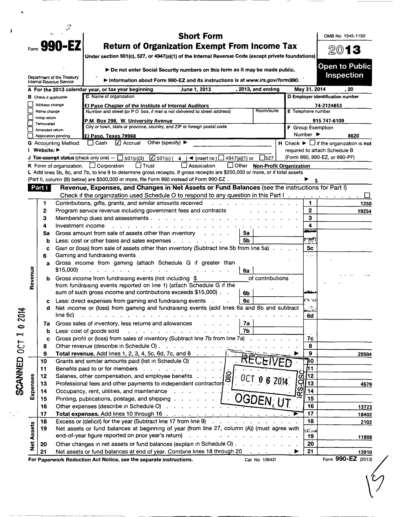 Image of first page of 2013 Form 990EO for Institute of Internal Auditors / El Paso Chapter