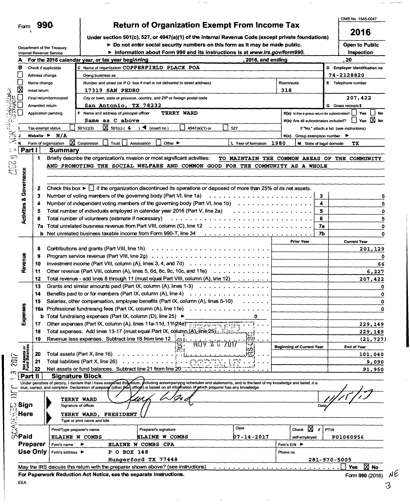 Image of first page of 2016 Form 990O for Copperfield Place Poa