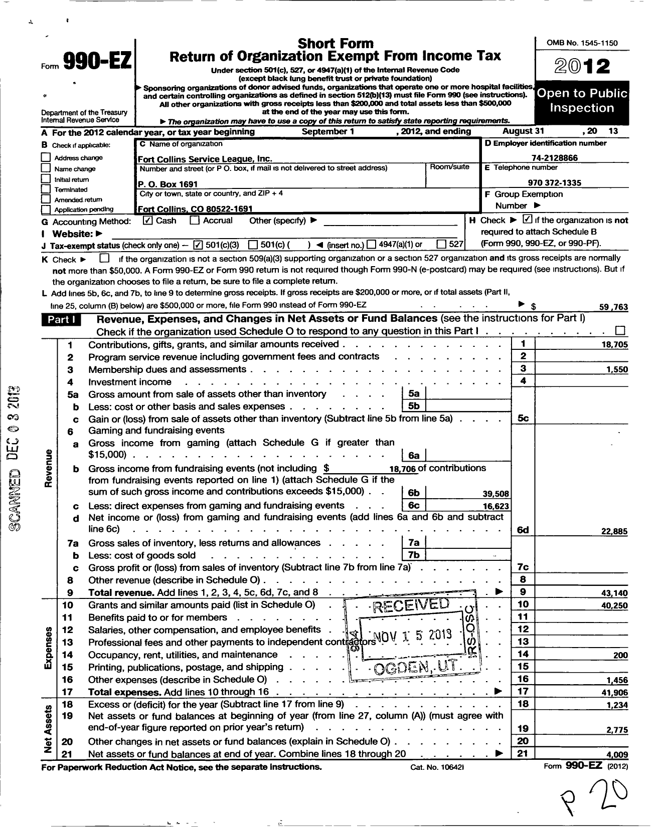 Image of first page of 2012 Form 990EZ for Fort Collins Service League