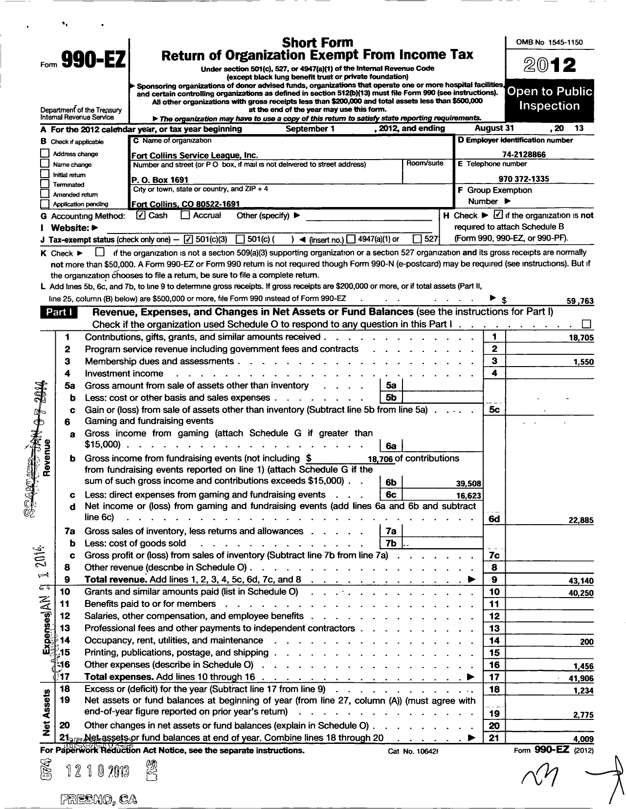 Image of first page of 2012 Form 990EZ for Fort Collins Service League