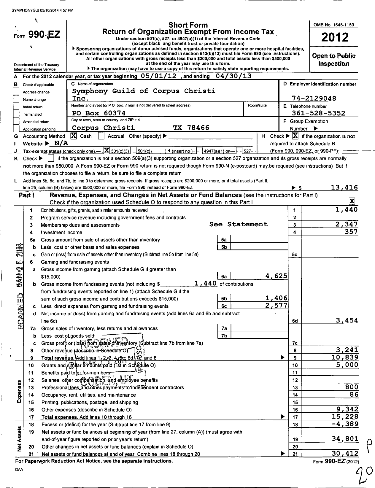 Image of first page of 2012 Form 990EZ for Symphony Guild of Corpus Christi