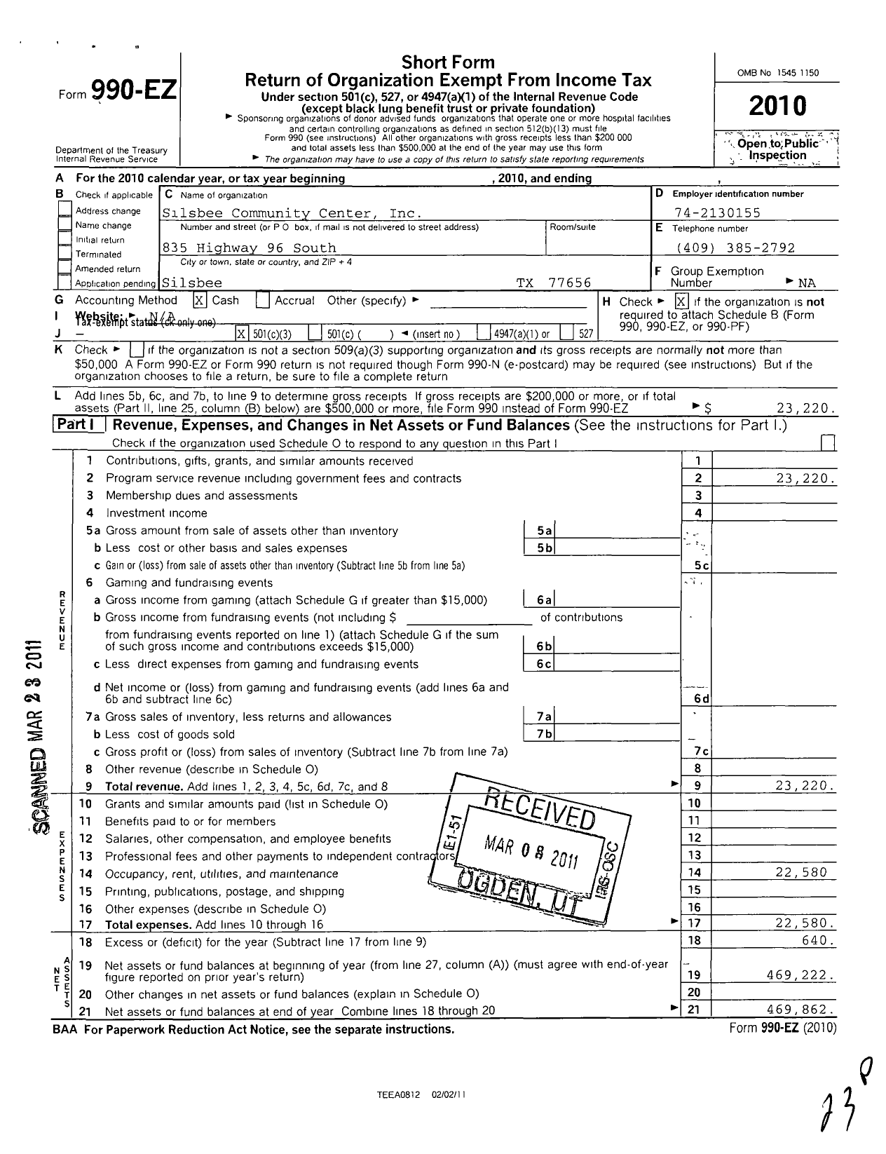 Image of first page of 2010 Form 990EZ for Silsbee Pines Event Center