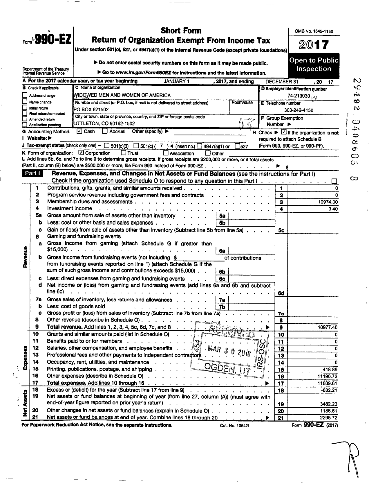 Image of first page of 2017 Form 990EO for Widowed Men and Women of America