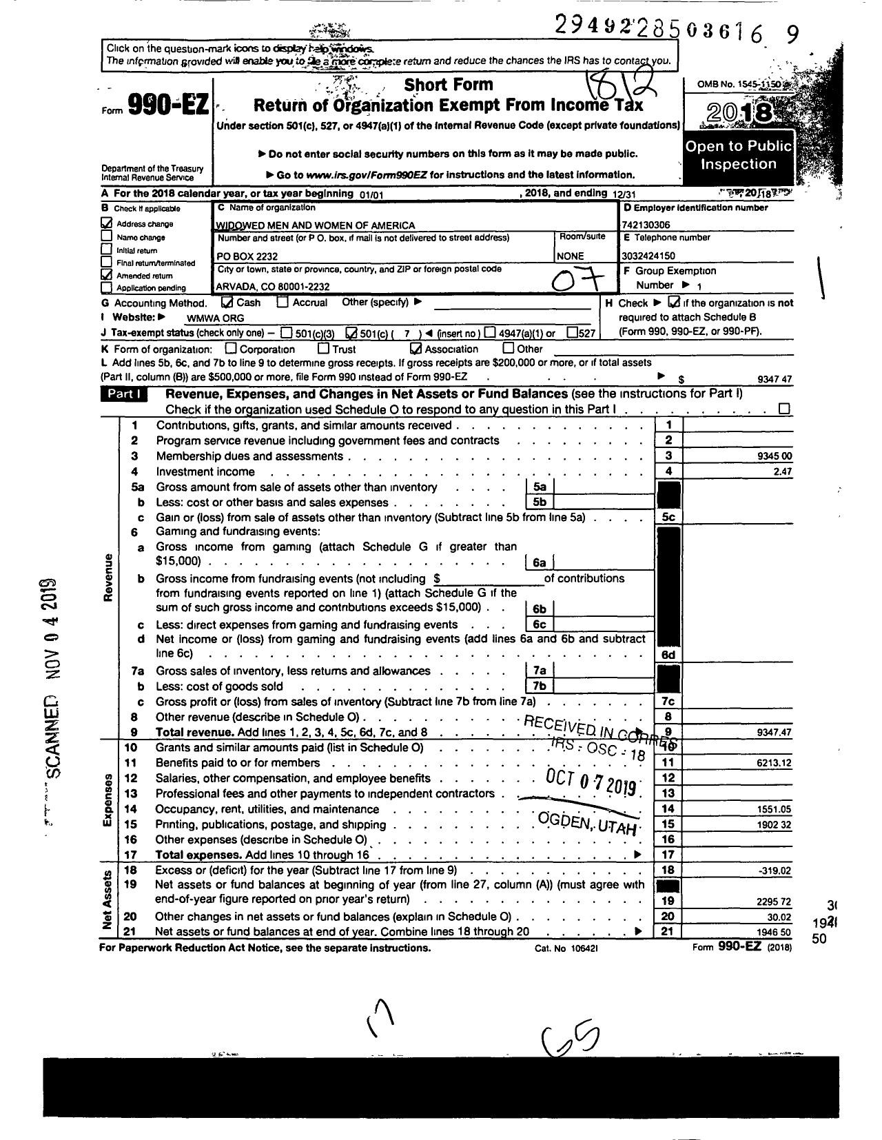 Image of first page of 2018 Form 990EO for Widowed Men and Women of America