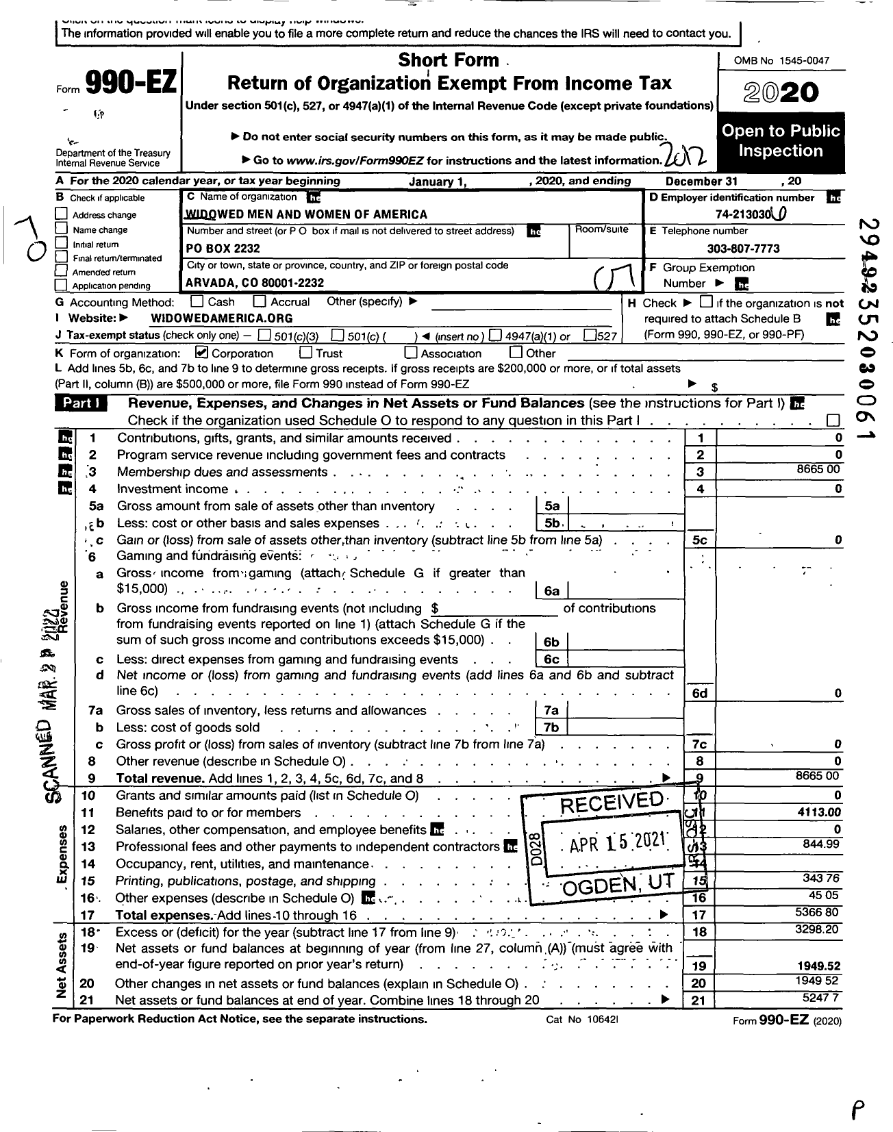 Image of first page of 2020 Form 990EO for Widowed Men and Women of America