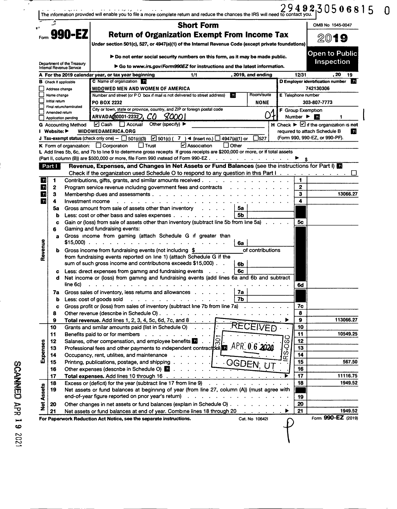 Image of first page of 2019 Form 990EO for Widowed Men and Women of America