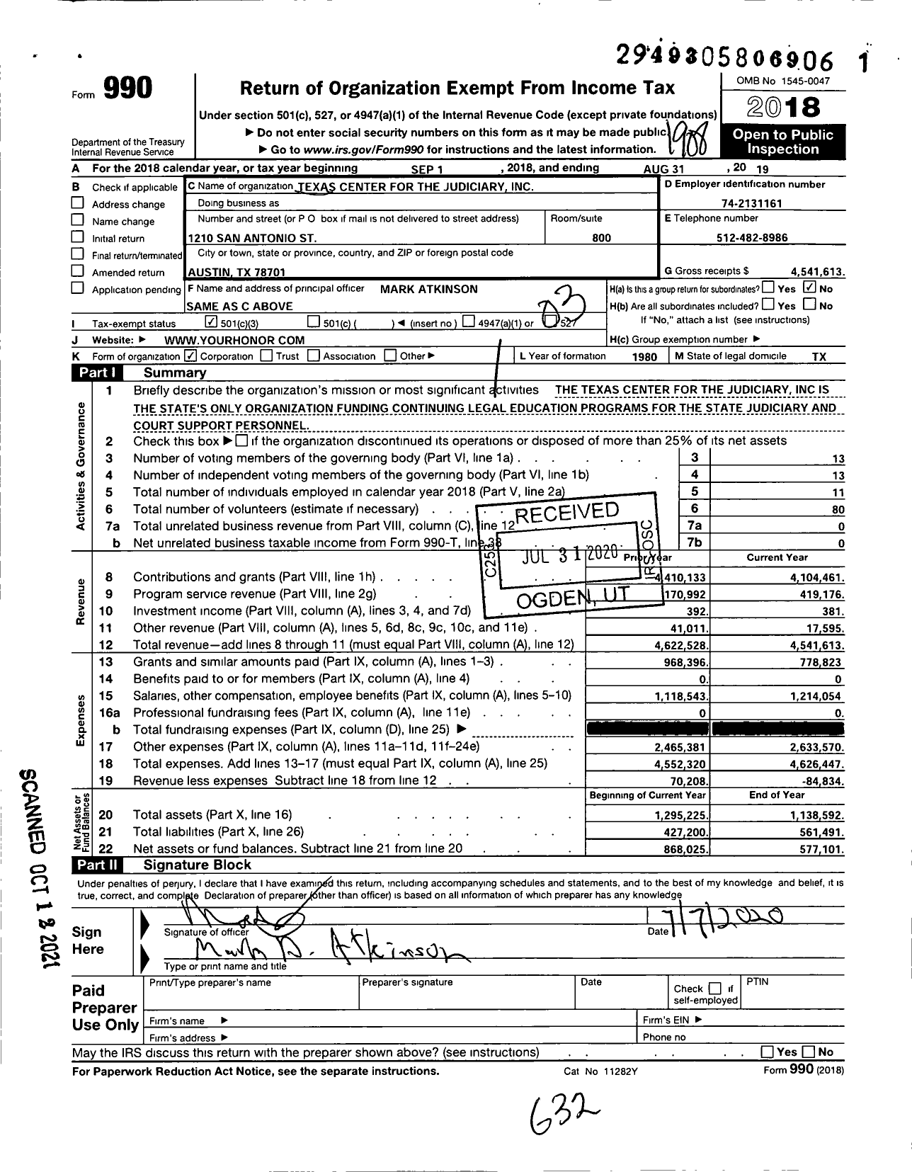 Image of first page of 2018 Form 990 for Texas Center for the Judiciary