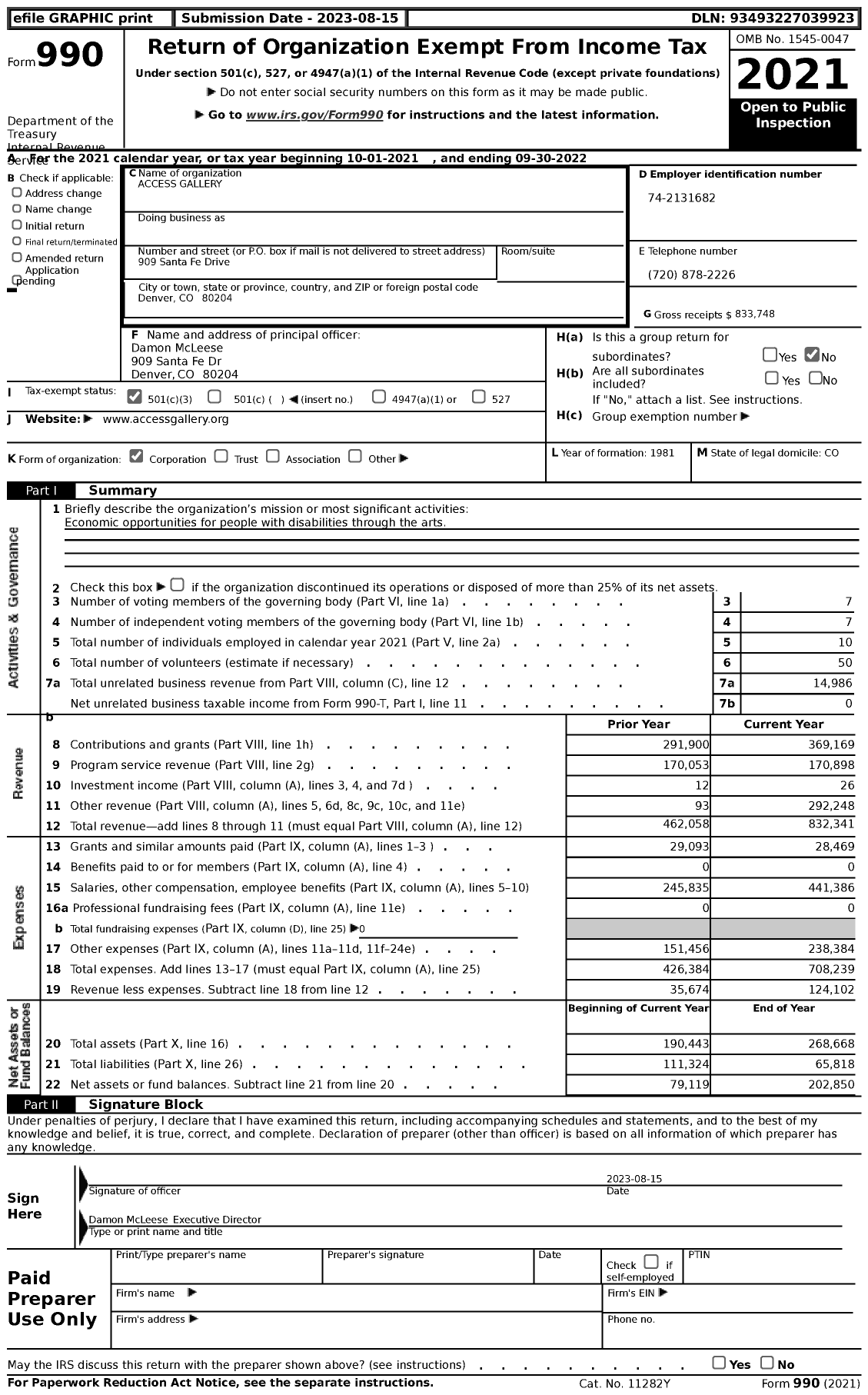 Image of first page of 2021 Form 990 for Access Gallery