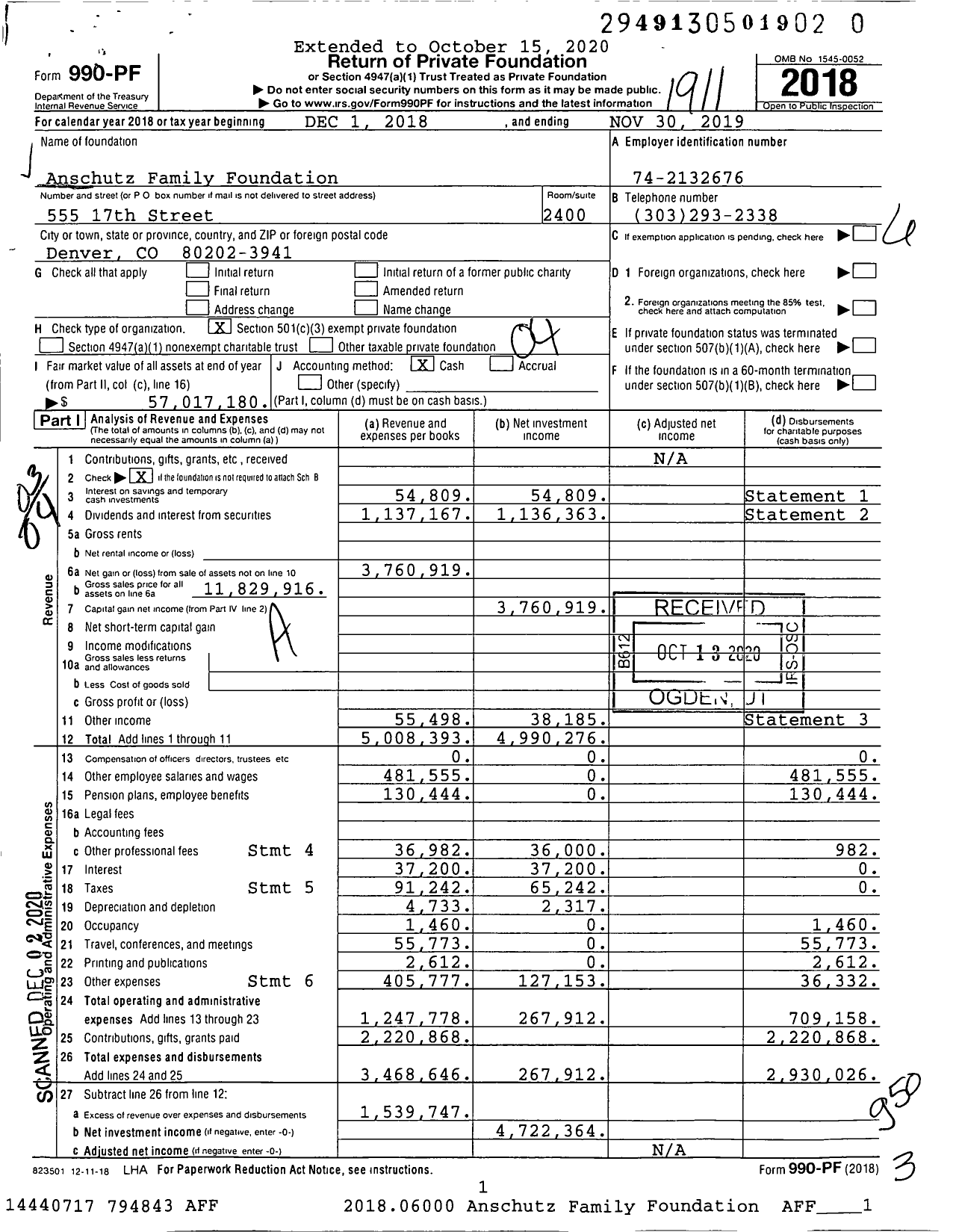 Image of first page of 2018 Form 990PF for Anschutz Family Foundation