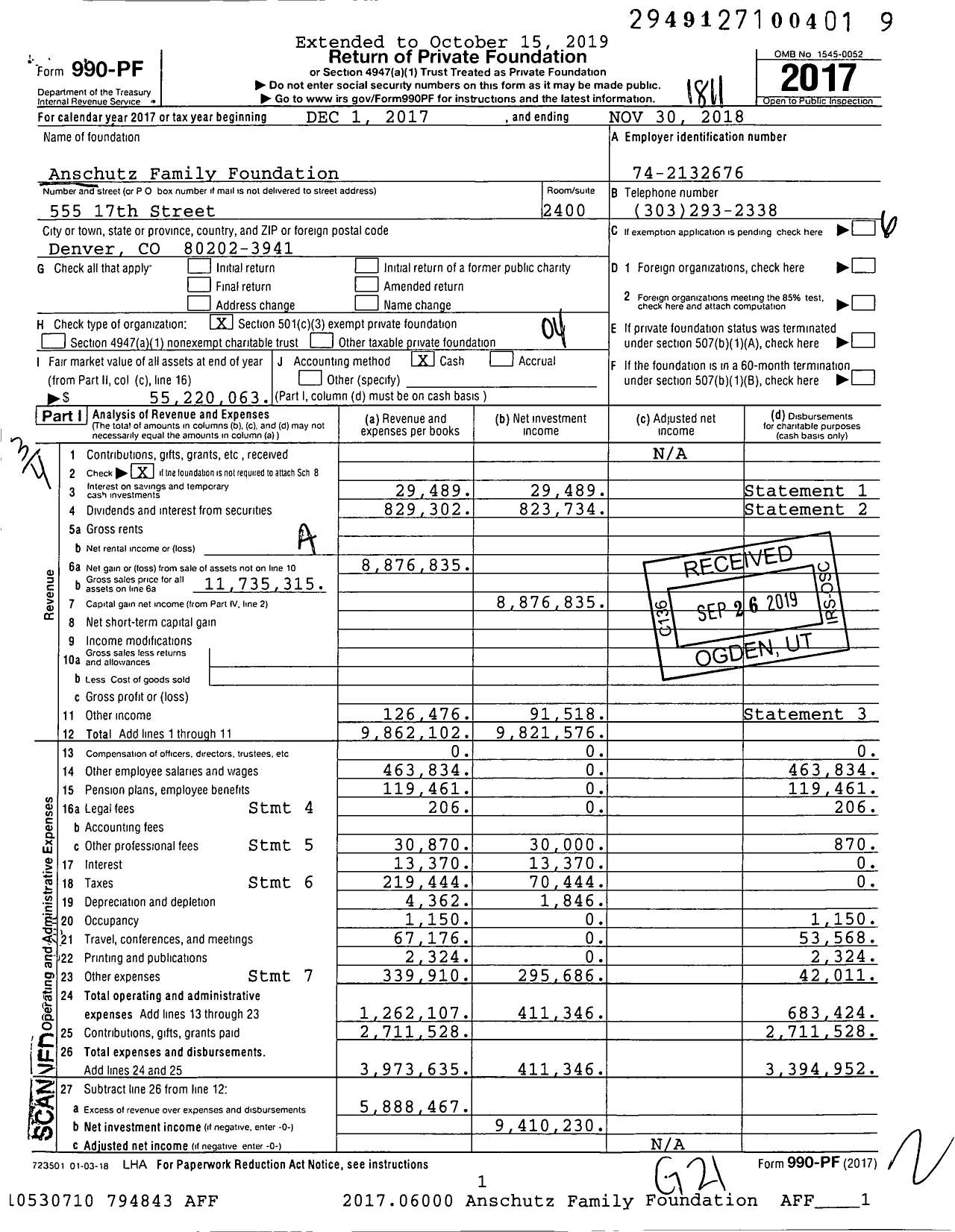 Image of first page of 2017 Form 990PF for Anschutz Family Foundation