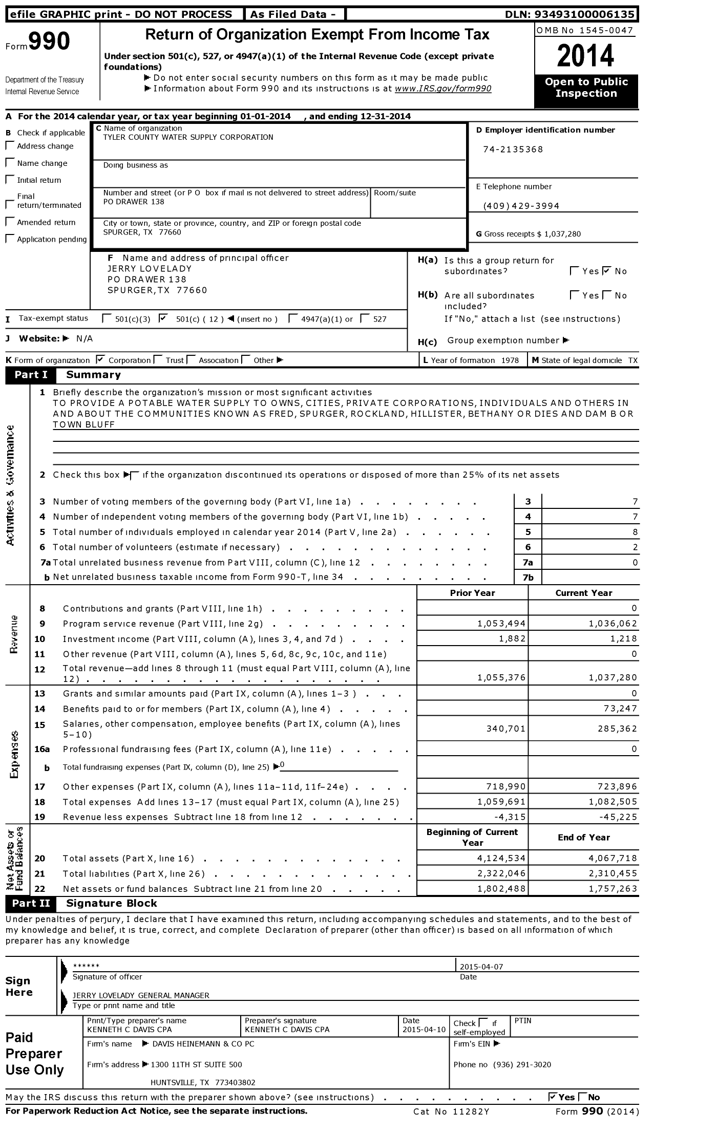 Image of first page of 2014 Form 990O for Tyler County Water Supply Corporation