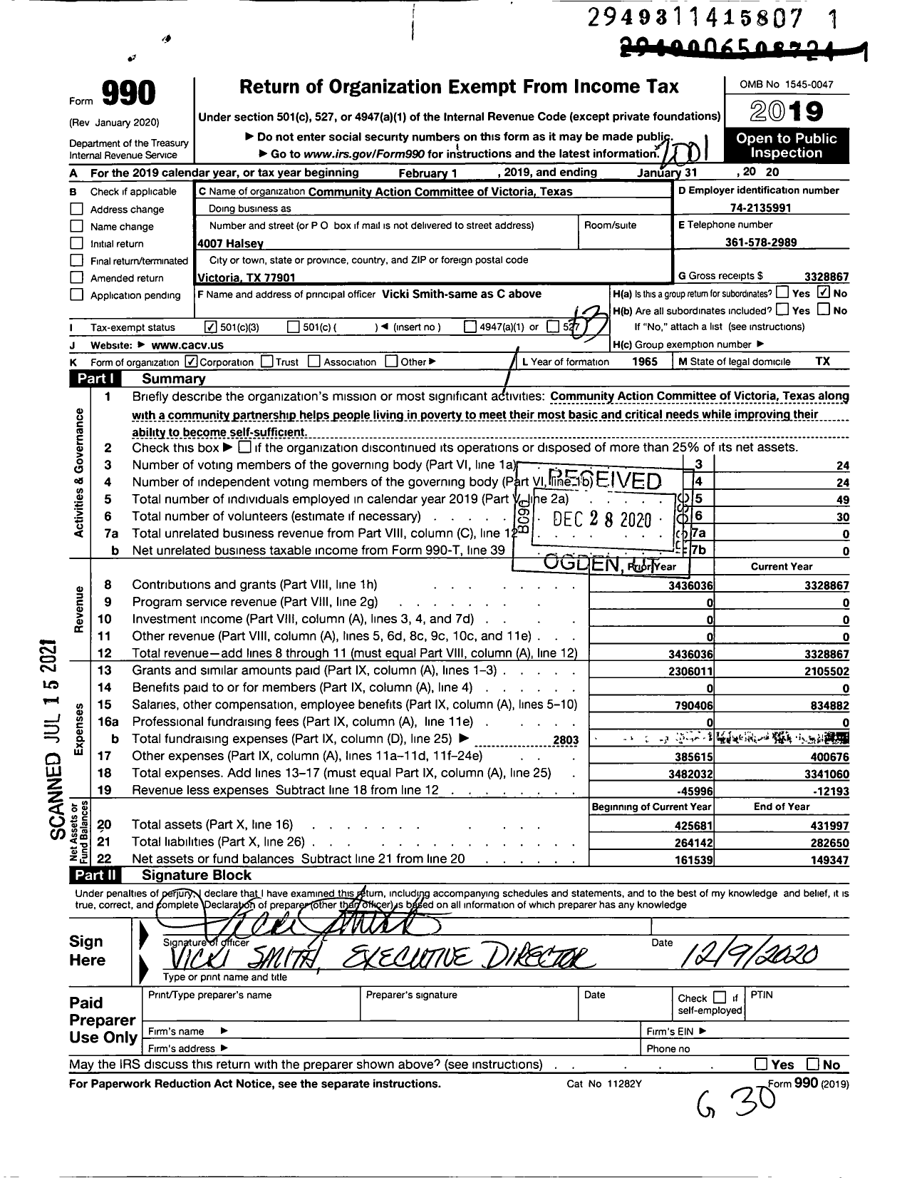 Image of first page of 2019 Form 990 for Community Action Committee of Victoria Texas