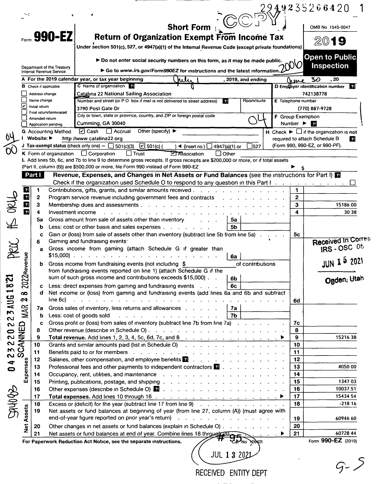 Image of first page of 2019 Form 990EO for Catalina 22 National Sailing Association