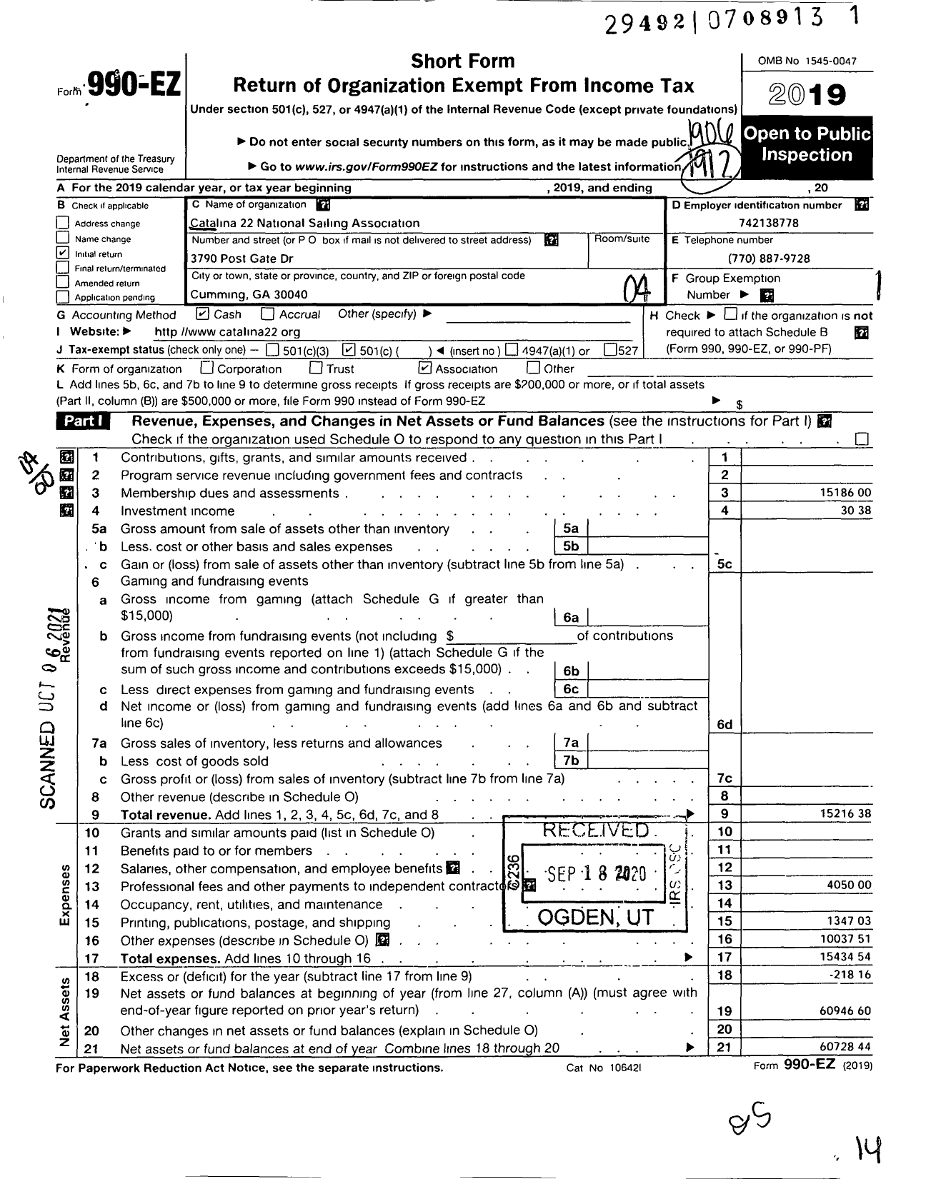 Image of first page of 2018 Form 990EO for Catalina 22 National Sailing Association