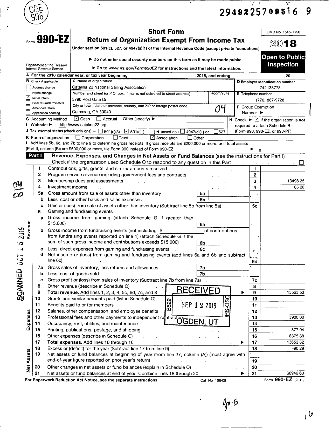 Image of first page of 2018 Form 990EO for Catalina 22 National Sailing Association