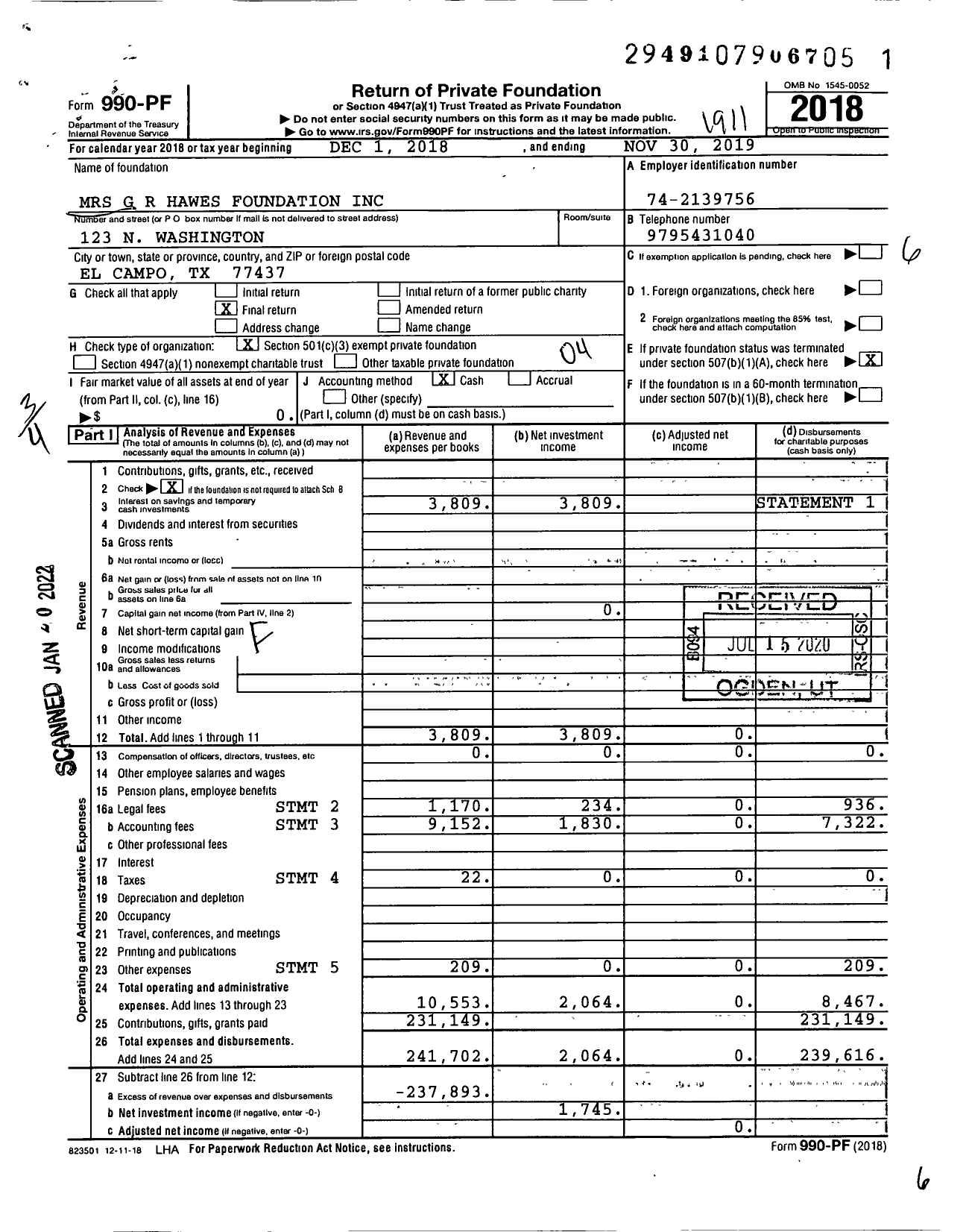 Image of first page of 2018 Form 990PF for MRS G R Hawes Foundation