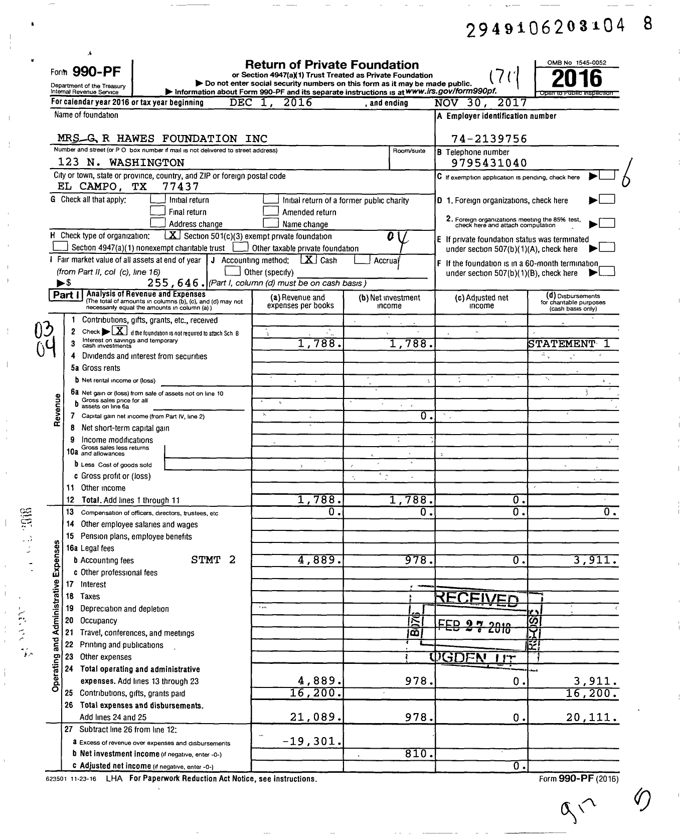 Image of first page of 2016 Form 990PF for MRS G R Hawes Foundation