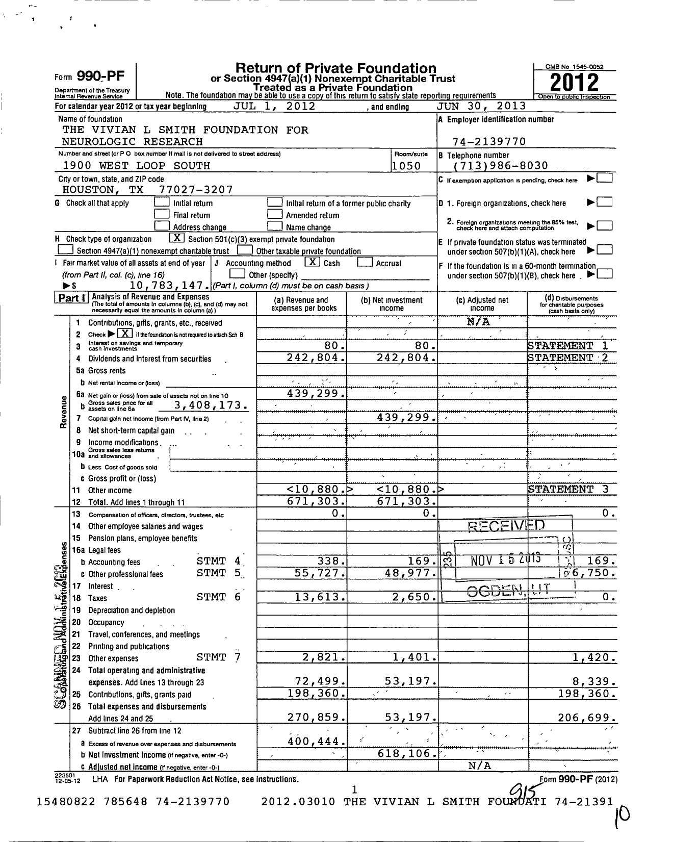 Image of first page of 2012 Form 990PF for Vivian L Smith Foundation for Neurologic Research