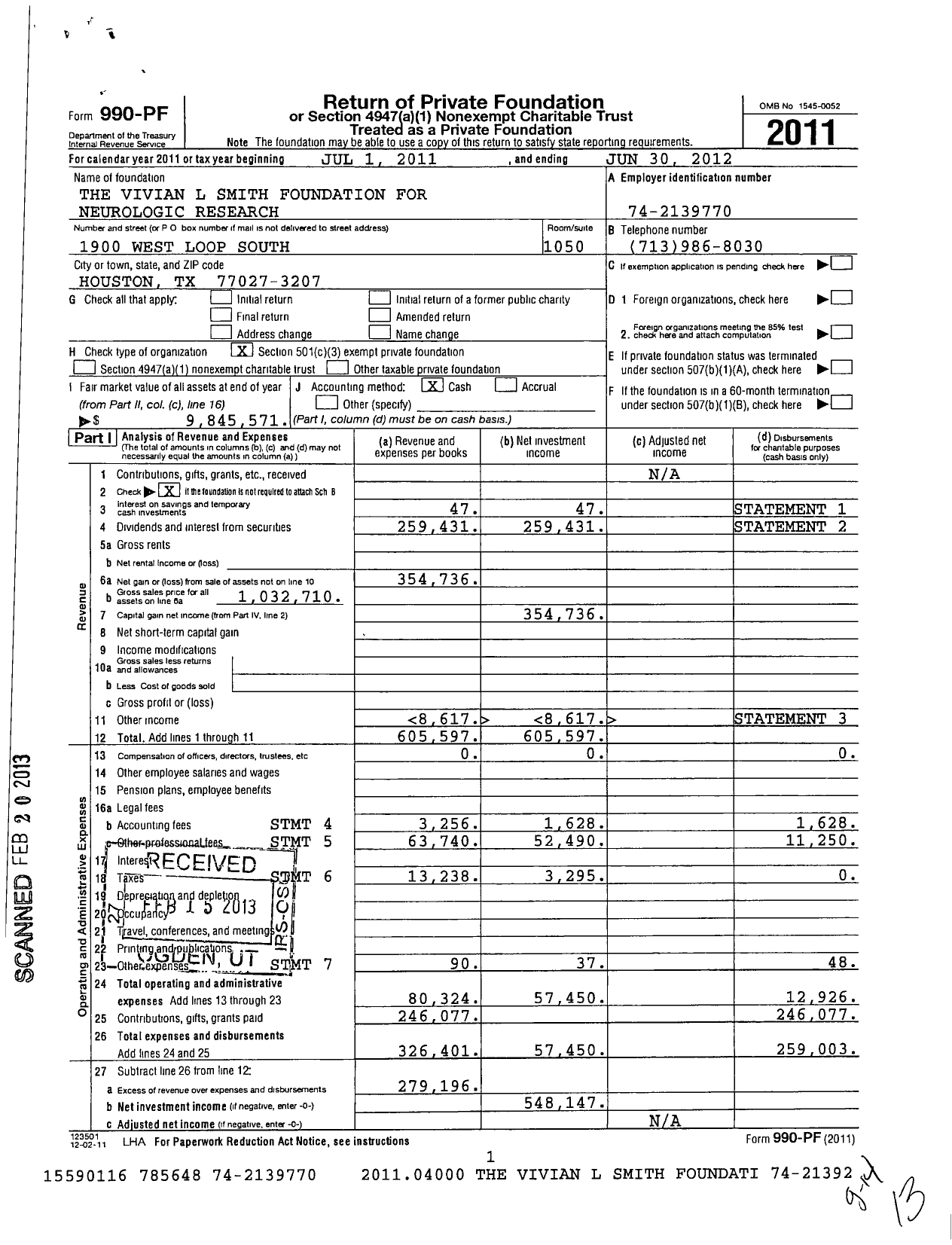 Image of first page of 2011 Form 990PF for Vivian L Smith Foundation for Neurologic Research