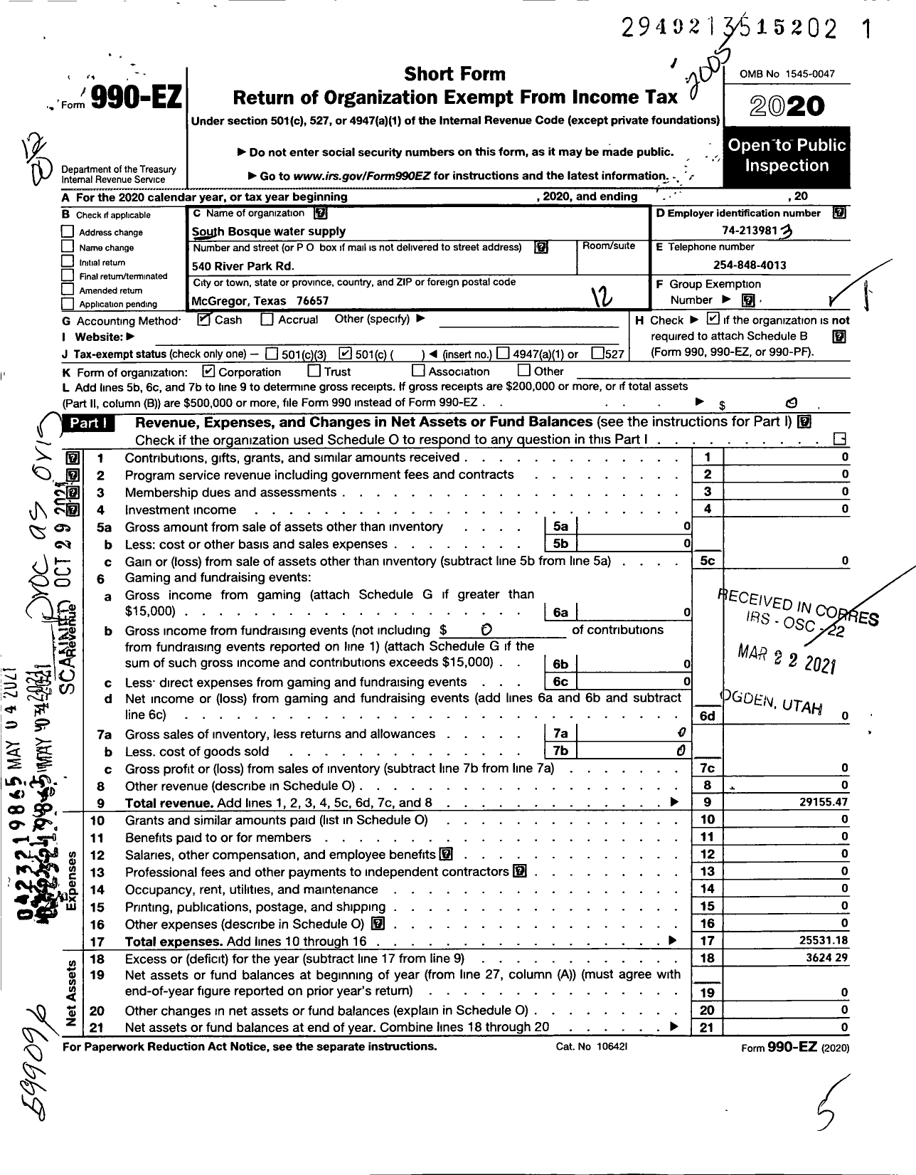 Image of first page of 2019 Form 990EO for South Bosque Water Supply Corporation