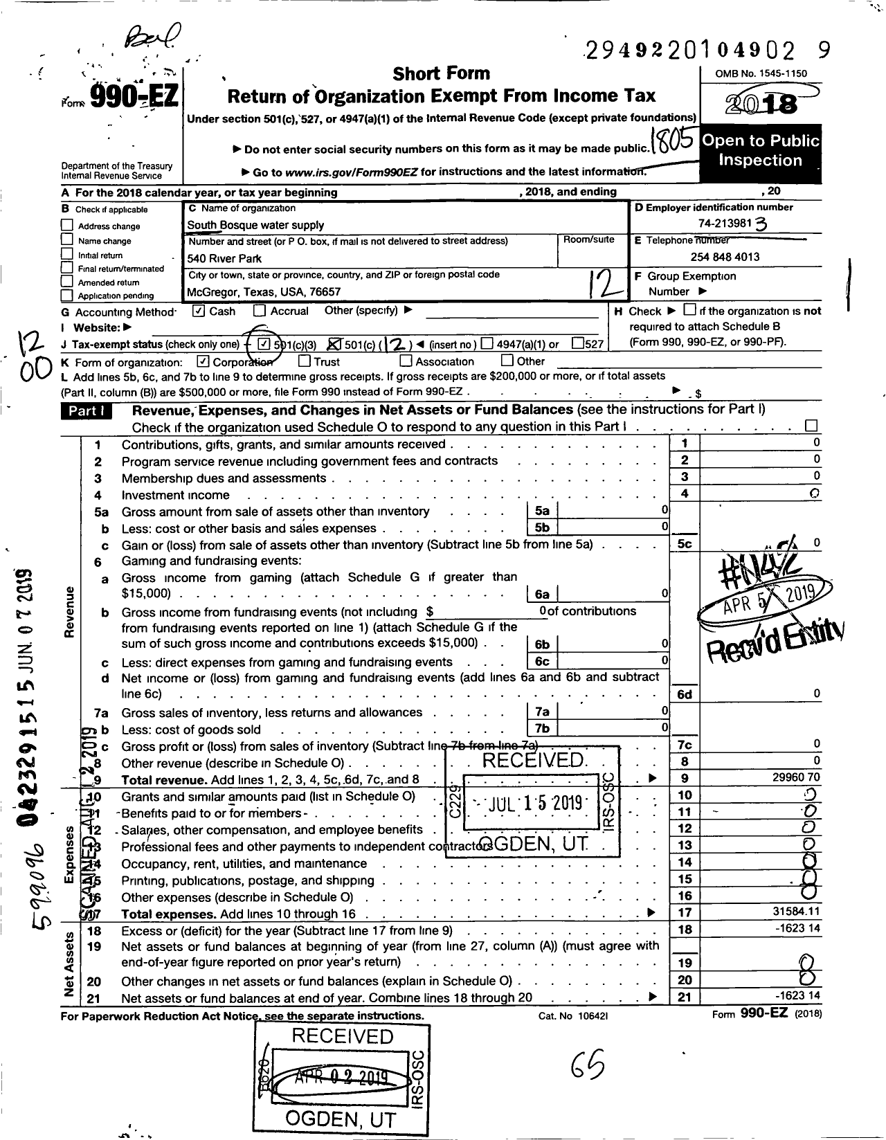 Image of first page of 2017 Form 990EO for South Bosque Water Supply Corporation