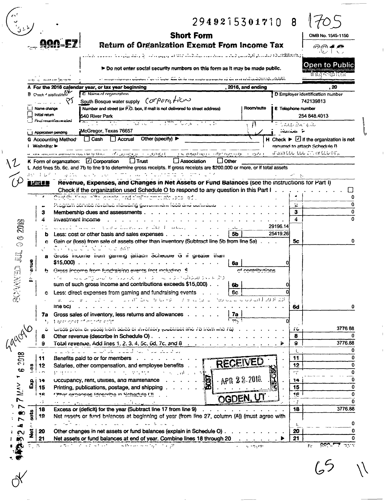 Image of first page of 2016 Form 990EO for South Bosque Water Supply Corporation