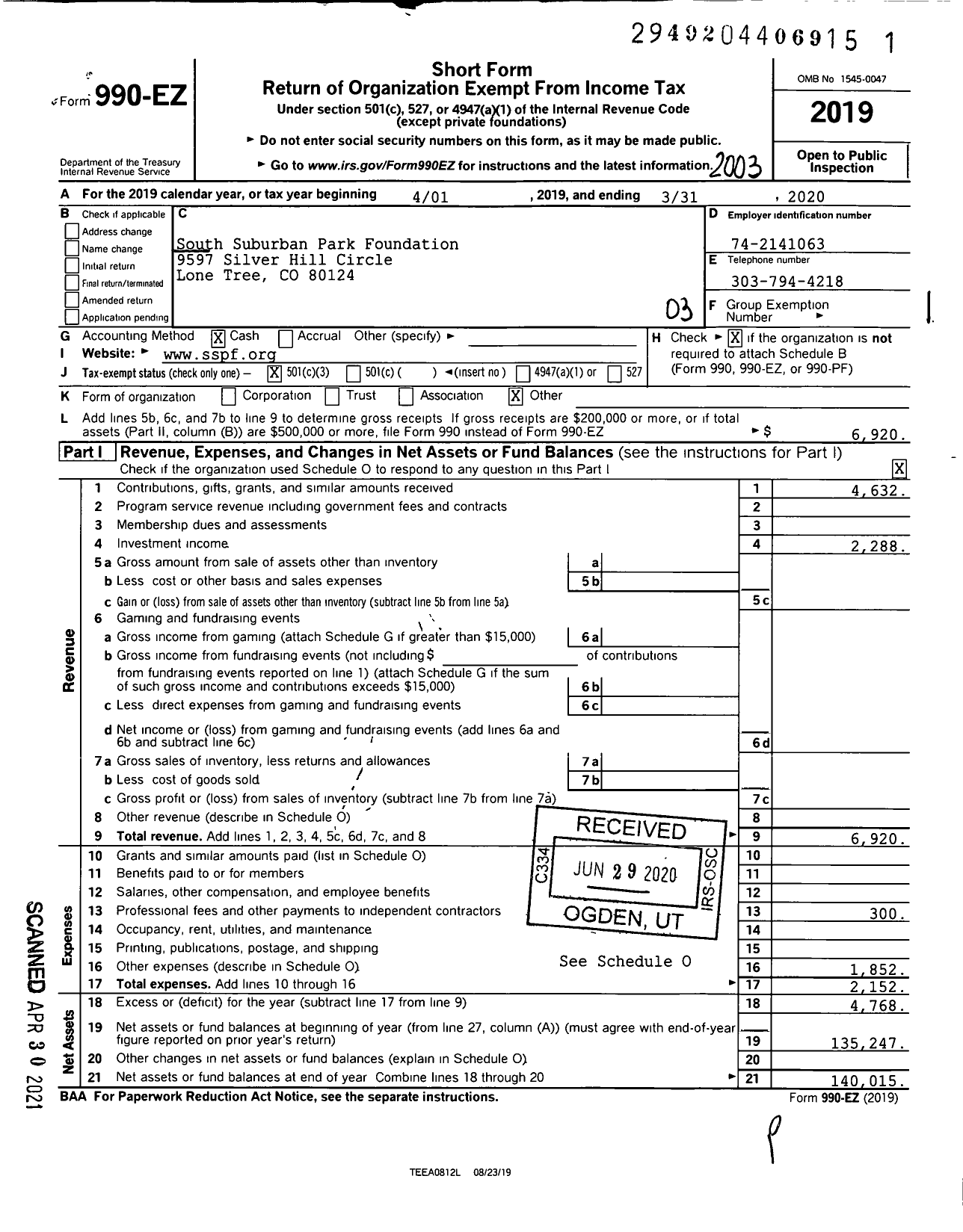 Image of first page of 2019 Form 990EZ for South Suburban Park Foundation